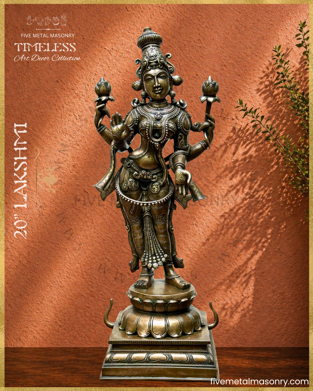 Panchaloha Bronze statue of Lakshmi in standing posture from Timeless collection with 'Five Metal Masonry' branding.