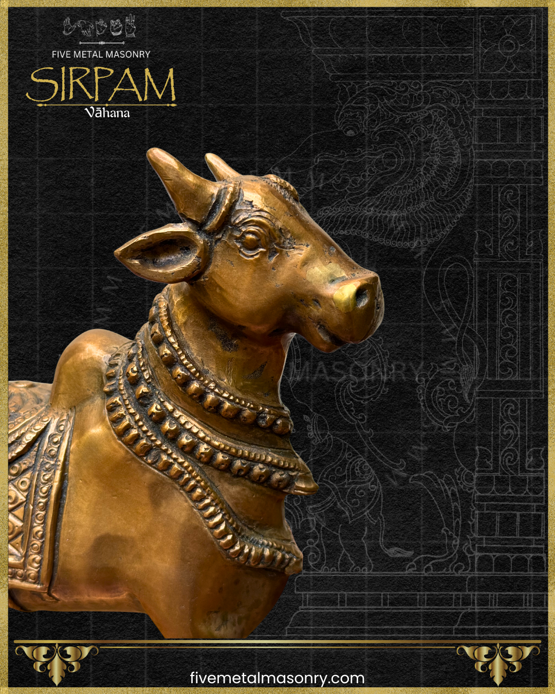 Close-up right profile of a handcrafted panchaloha bronze Vrsabha (Nandi) statue from the Sirpam Collection, showcasing the expressive face, sculpted horns, alert ears, layered beaded neck ornaments, and finely modelled shoulders with a portion of the ornate ceremonial saddle cloth in the South Indian sculptural tradition.