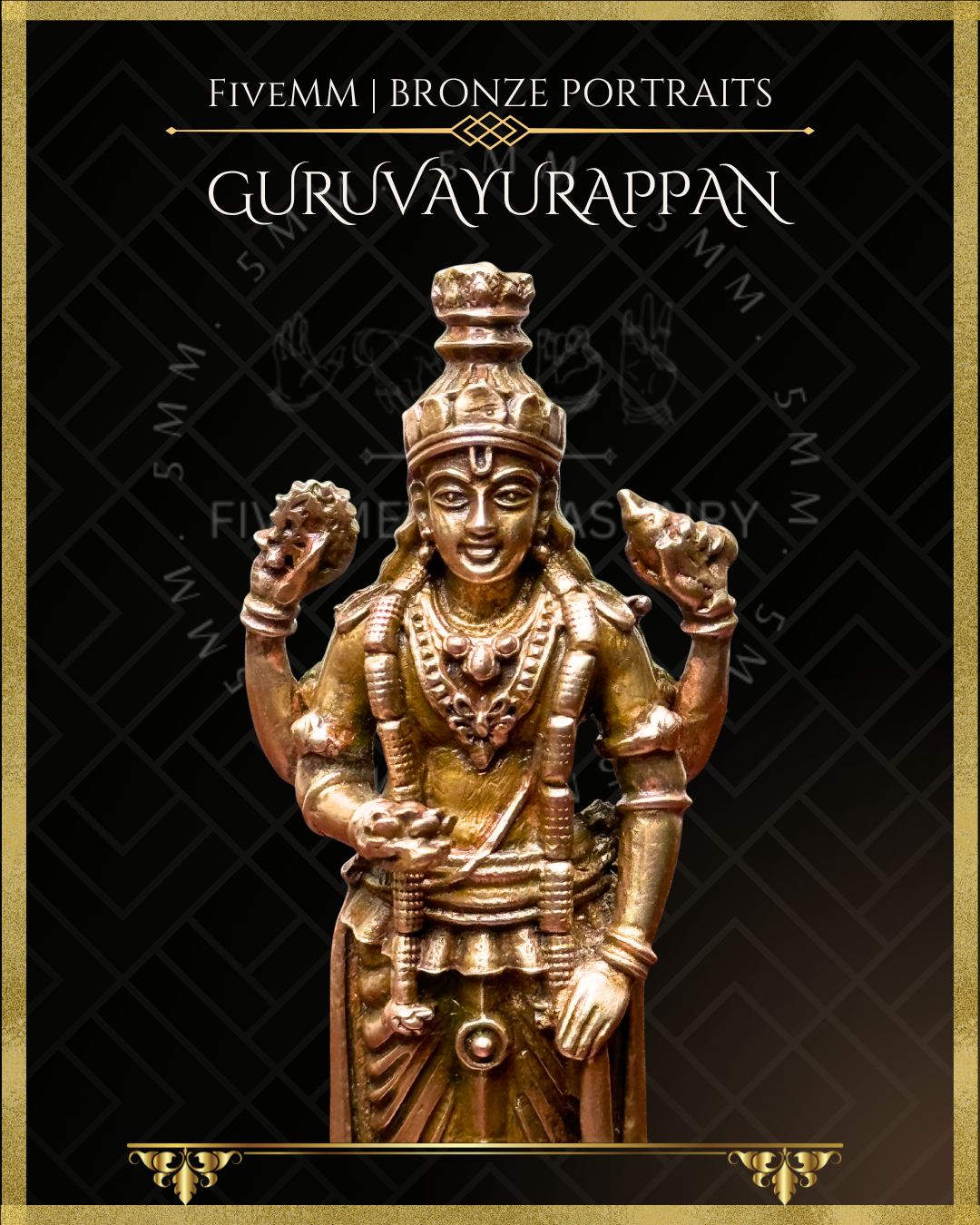 Panchaloha Bronze statue of Guruvayurappan with 'FiveMM' branding on a black background