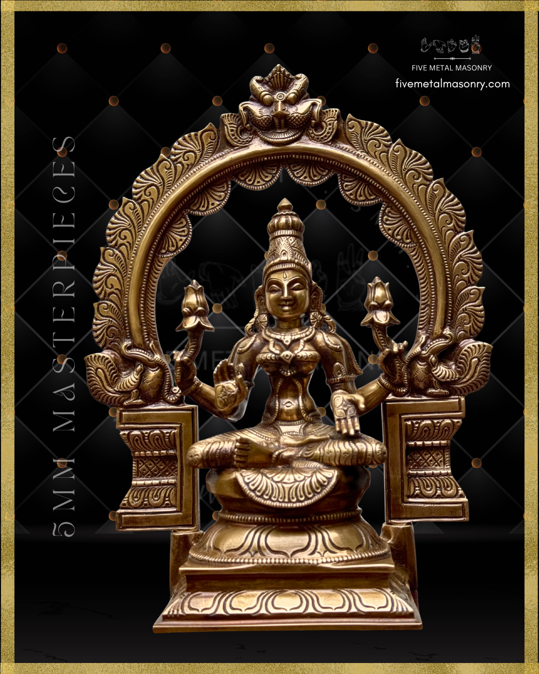 Lakshmi panchaloha bronze statue with intricate designs and exquisite workmanship on a black background with Five Metal Masonry branding
