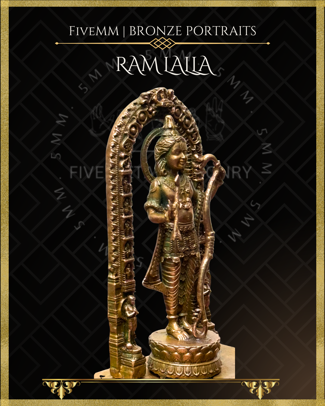 Closeup side view of handcrafted Panchaloha bronze icon of Ram lalla of Ayodhya standing beneath an ornate prabhavali, holding a bow and arrow, adorned with a knotted jata, intricate jewellery, lotus pedestal in the classical Indian iconographic style.