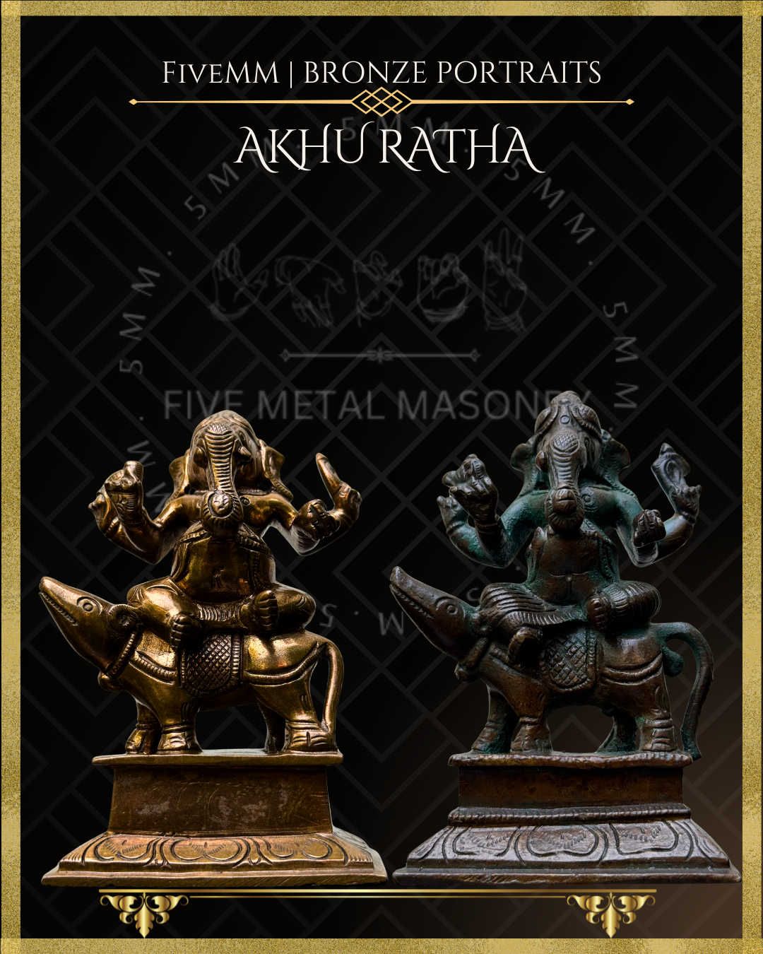Ganesha on Mushaka (mouse) Panchaloha Bronze statue – per Shilpa Sastra iconography, handcrafted by lost wax casting – Bottomup angle view
