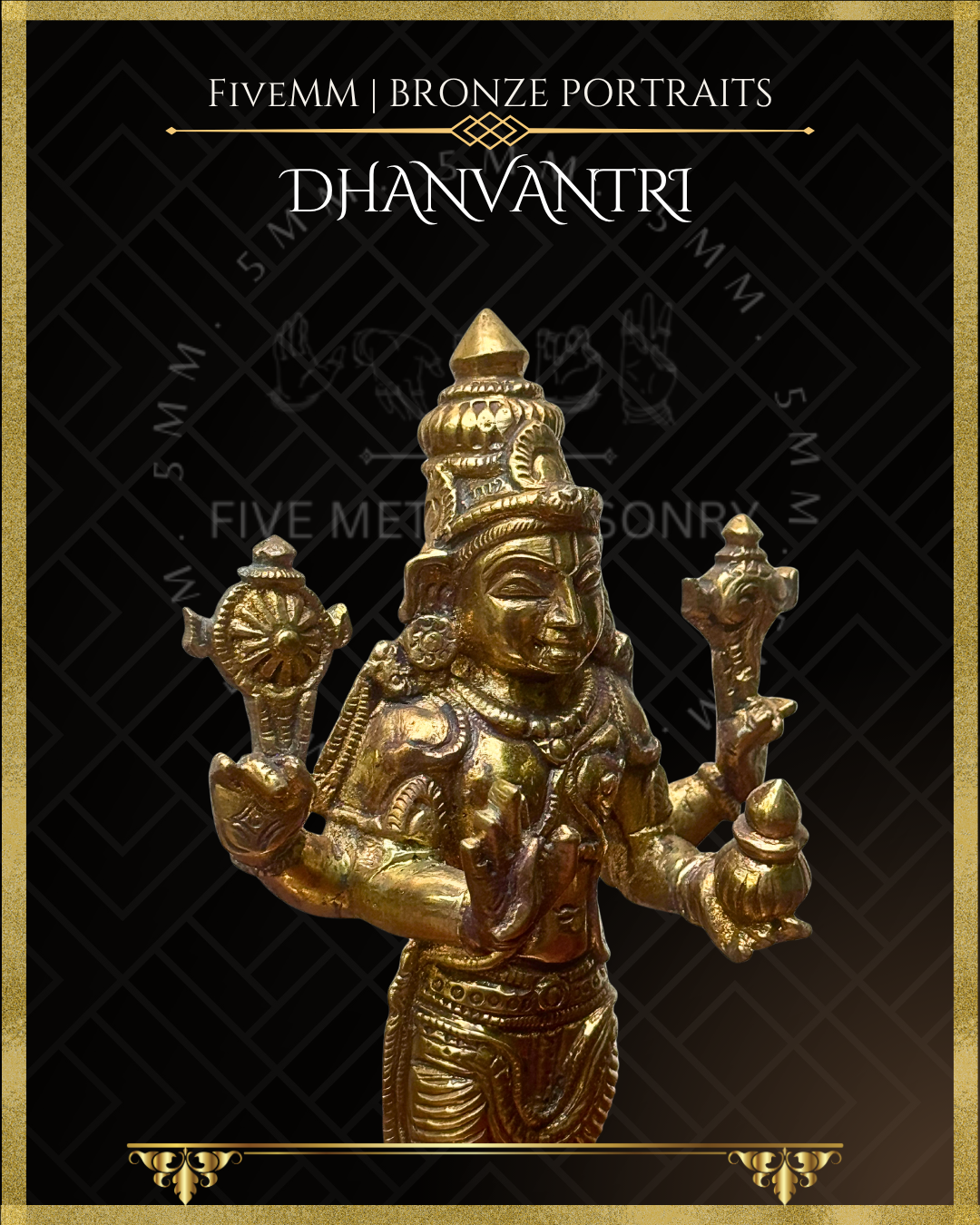 Close-up right side view of handcrafted Dhanvantari Panchaloha bronze statue showing the serene face, kiritamakuta, urdhvapundra, chakra and sankha in the upper hands, jalauka and amrta-kalasa in the lower hands, with detailed traditional ornamentation crafted in the silpa-sastra and traditional iconographic tradition.