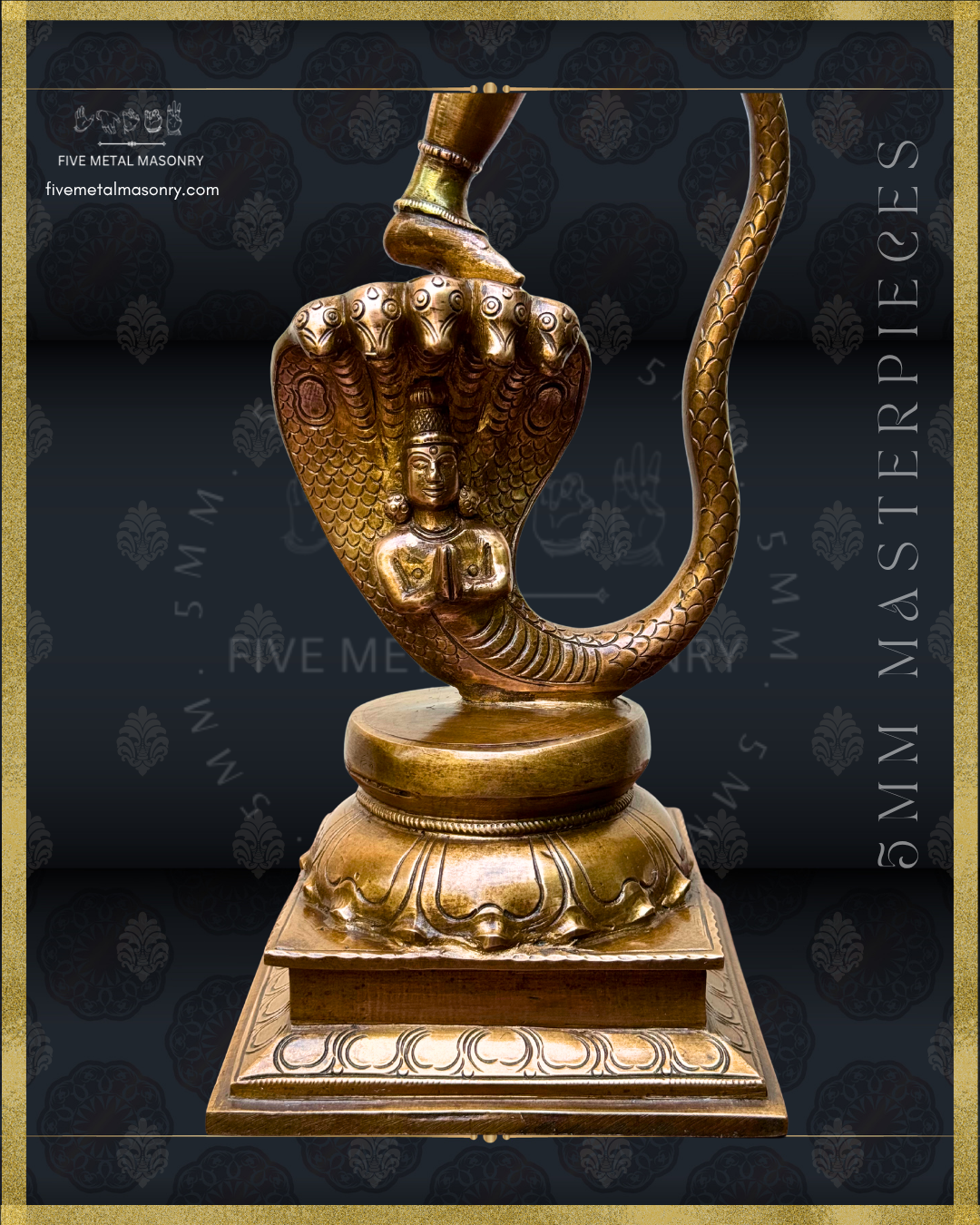 Close-up of handcrafted Panchaloha bronze Kaliya Tandava Krishna from our Masterpieces Collection, showing Krishna’s foot upon Kaliya’s five-hooded serpent form, detailed scales, human-form torso and lotus-patterned pedestal, aligned with South Indian iconographic tradition.