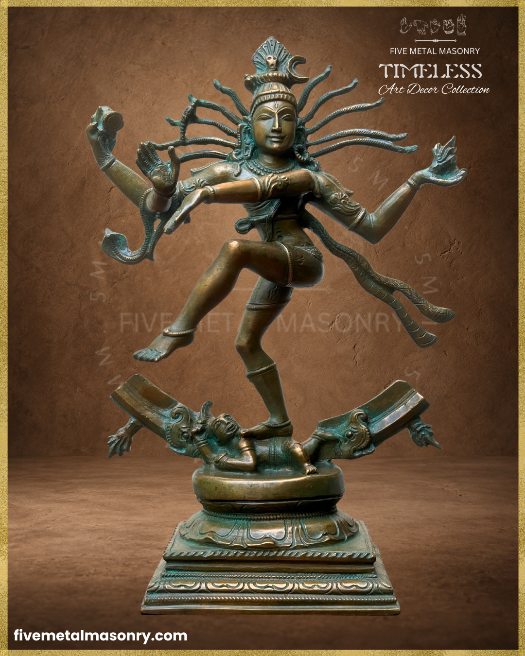 Low angle front view of Thiruvalangadu style handcrafted Nataraja Panchaloha bronze from the Timeless collection, shown in ananda-tandava with an unfinished prabhamandala, flowing jatas and Apasmara beneath the feet.