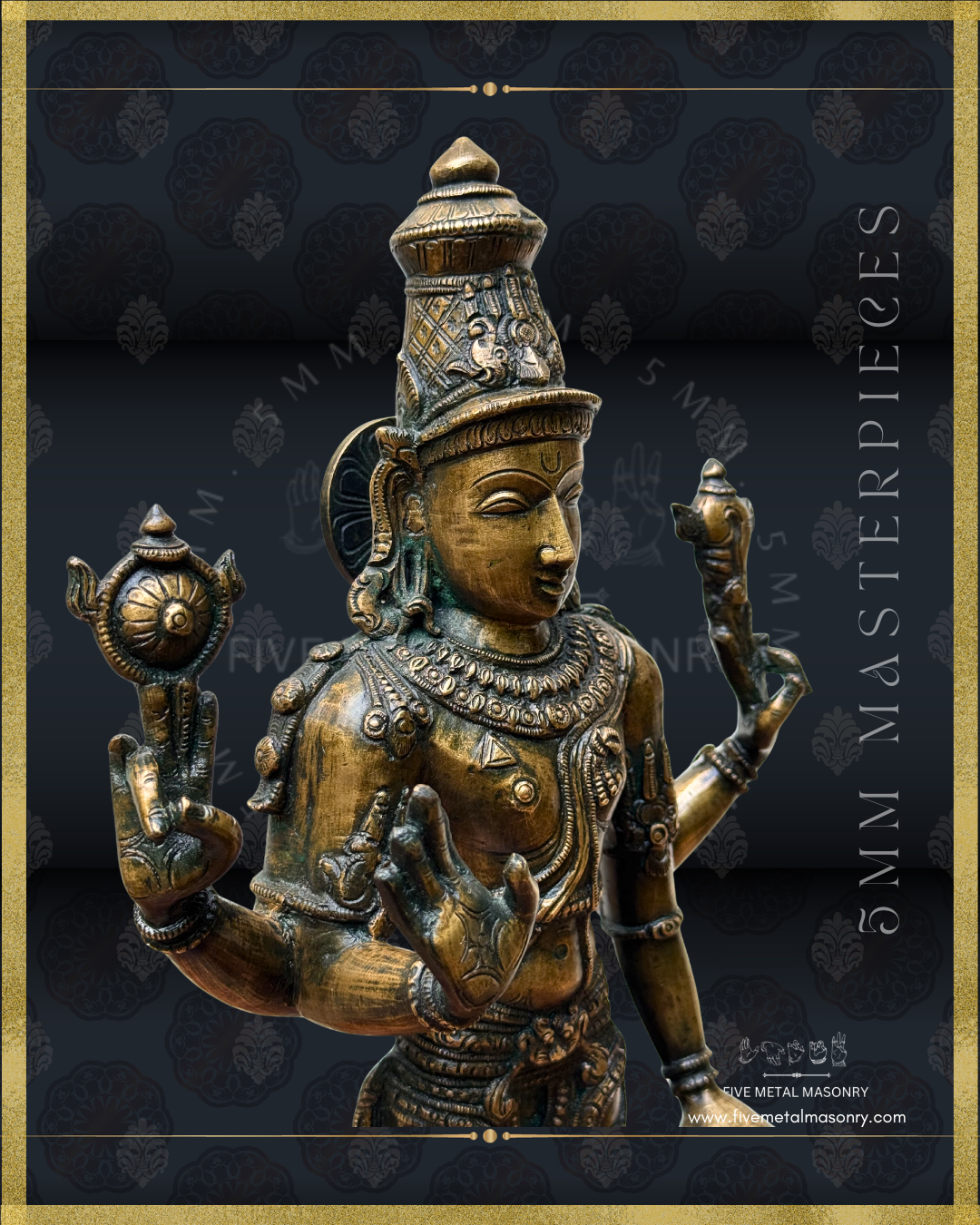 Right-side three-quarter close-up of handcrafted Vishnu Panchaloha bronze statue, highlighting the serene face, elaborate kirita-makuta, siraschakra, cakra and sankha, abhaya mudra, detailed ornaments and South Indian iconography crafted in the silpa-sastra tradition.