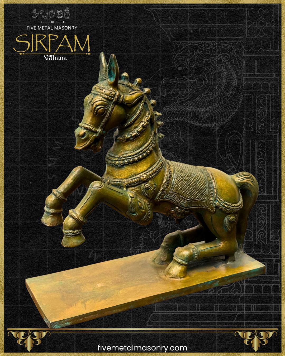 Bronze horse sculpture on a dark background with 'Five Metal Masonry' branding.