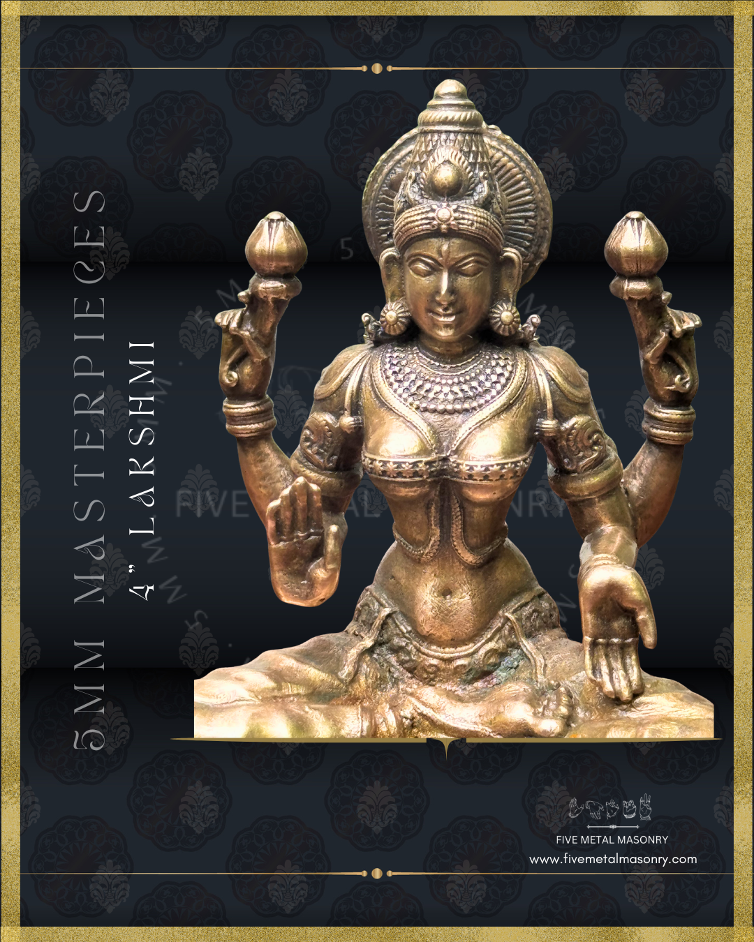 Closeup view of upper structure of panchaloha bronze seated Lakshmi icon from the Masterpieces collection in padmasana posture, holding lotus buds in the upper hands with lower hands in abhaya and varada hastas, featuring kirita makuta, siraschakra, layered ornamentation in South Indian iconographic style.
