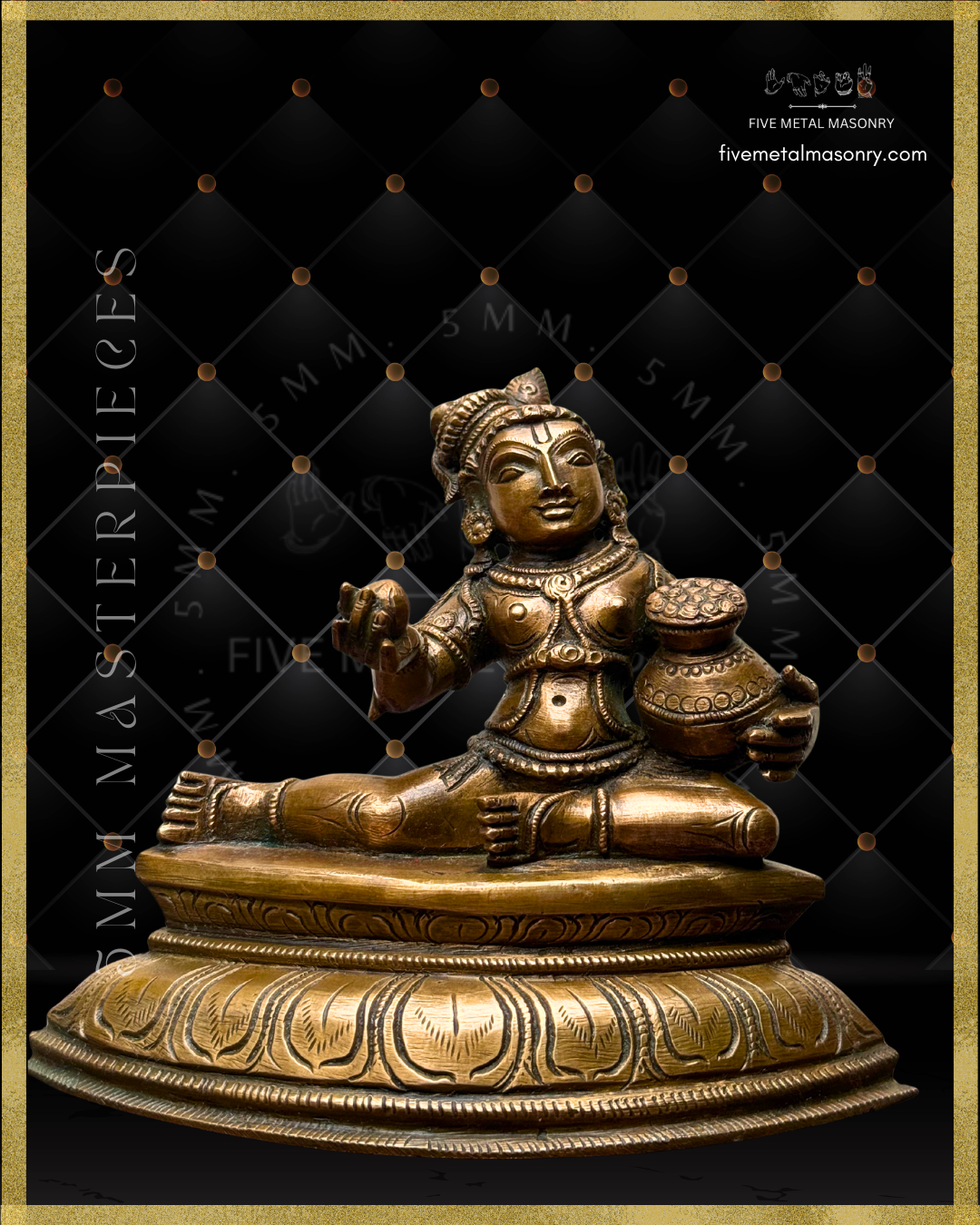 Projected view of handcrafted Panchaloha Bala Krishna bronze from the 5MM Masterpieces Collection, seated with one leg folded and the other extended, holding navanita butter and a butter pot, with urdhvapundra, peacock-feathered top knot, traditional ornaments and padma pitha, crafted according to Silpasastra iconography.