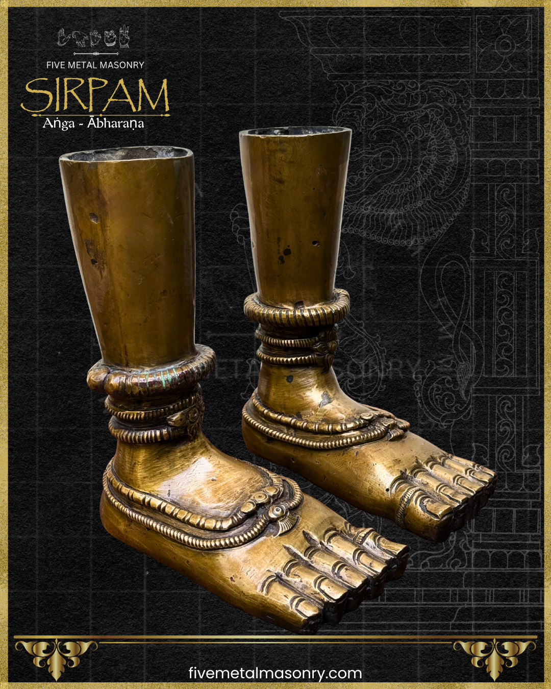 Bronze feet sculpture on a decorative background with 'Five Metal Masonry' branding.