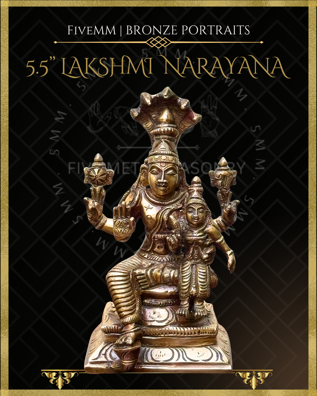 Handcrafted Lakshmi Narayana Panchaloha bronze with Narayana seated in lalitasana beneath five-hooded Adi Sesha, holding cakra and sankha, with Lakshmi seated on his lap holding a padma, crafted in the South Indian silpa-sastra and traditional iconographic tradition.
