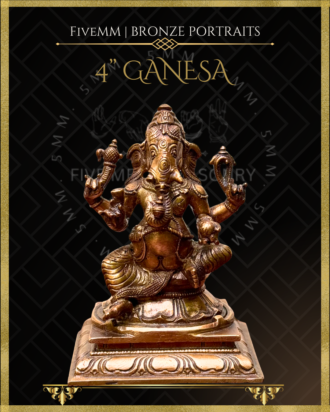Handcrafted Ganesha in Panchaloha bronze, silpa-sastra aligned and rooted in the South Indian iconographic tradition, four-armed and seated in lalitasana, holding ankusa, pasa, danta and modaka with detailed crown, ornaments and draped lower garment.