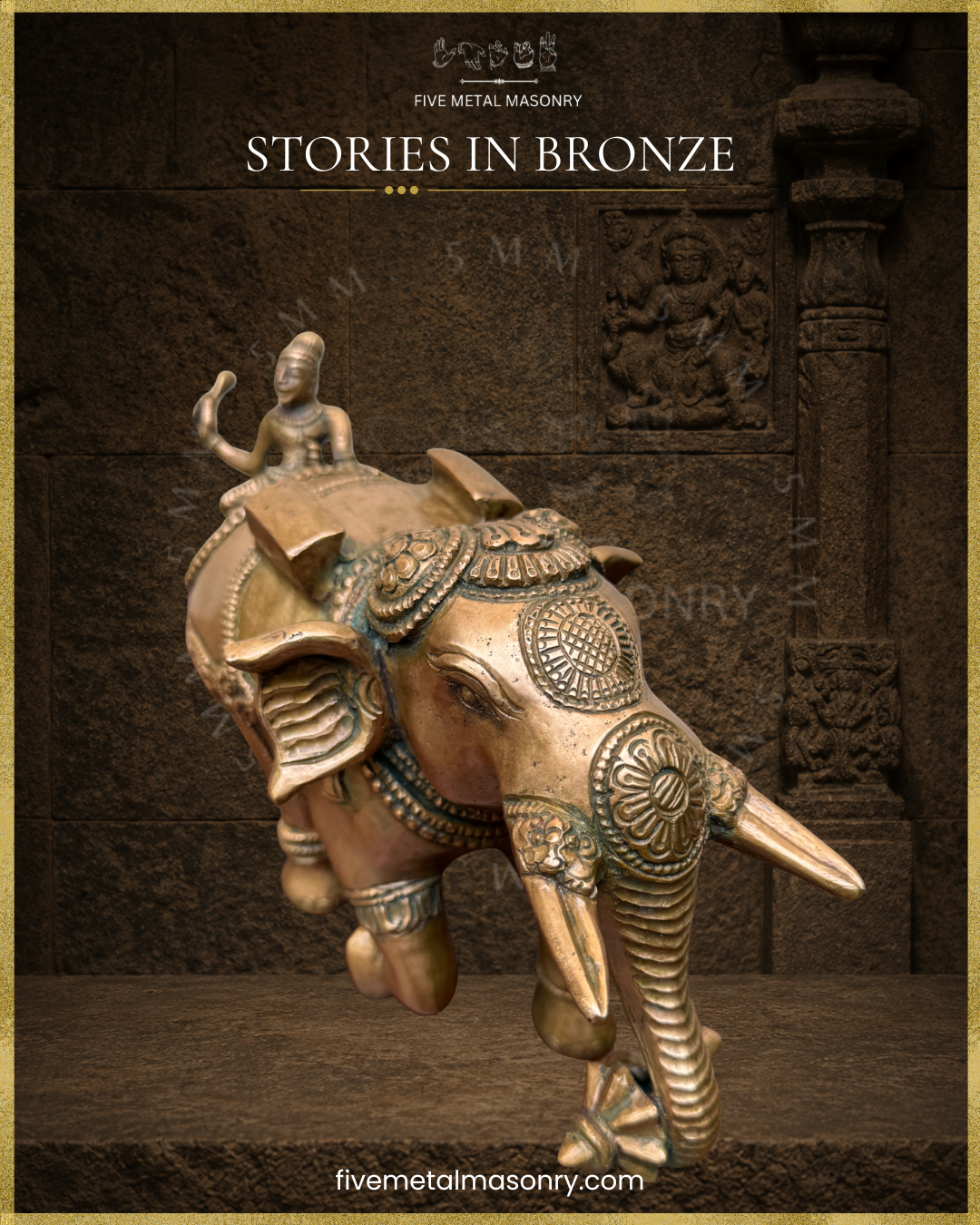 Close-up front view of the handcrafted Panchaloha bronze elephant from Ayyanar Ula, highlighting the decorated forehead, tusks, ears, ornamental trappings, mahout seated behind and cluster of bananas held in the trunk, from the Stories in Bronze Collection, aligned with silpa-sastra and South Indian iconographic tradition.