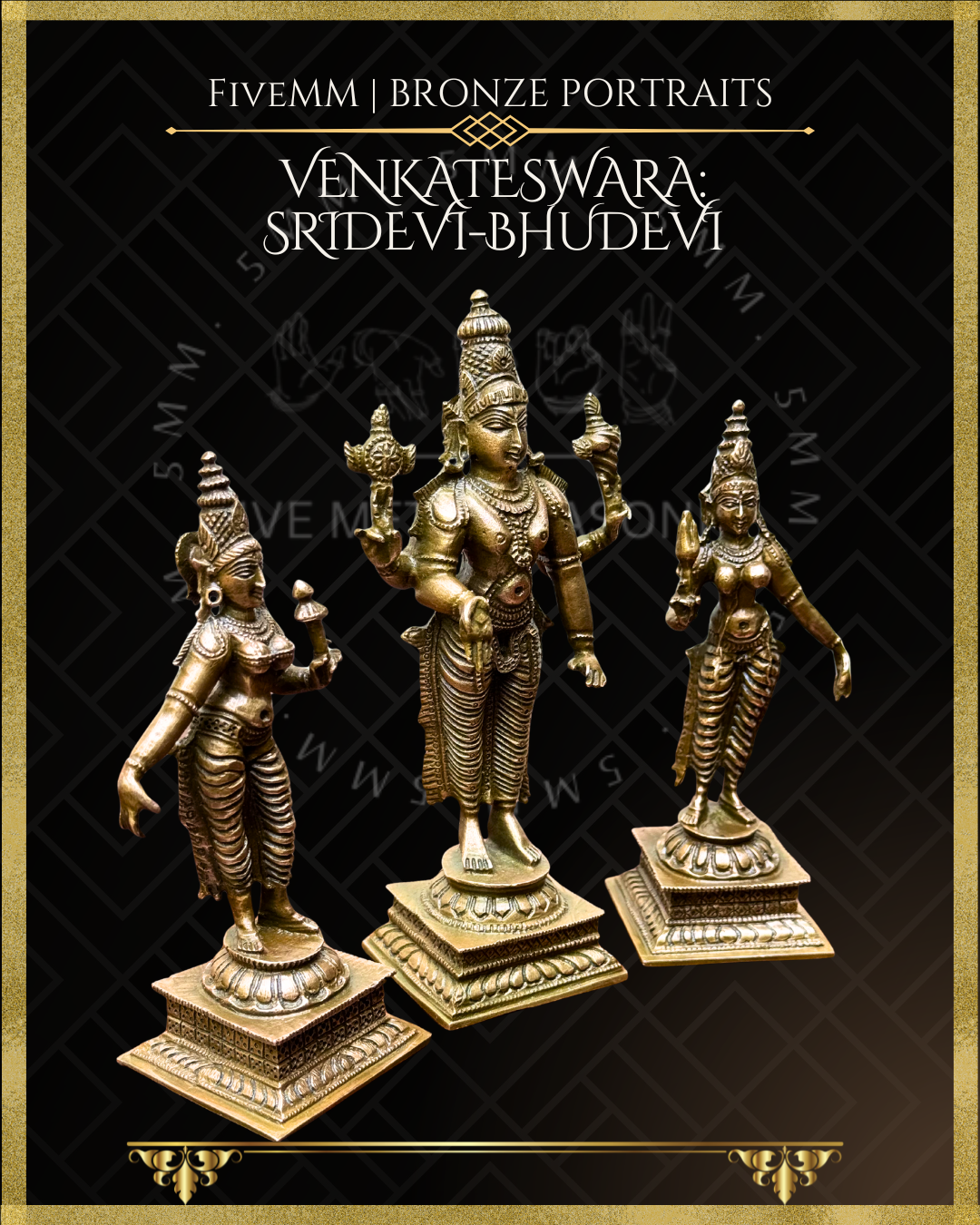 Bronze statues of Venkateswara, Sridevi, and Bhudevi on a black background with gold accents.