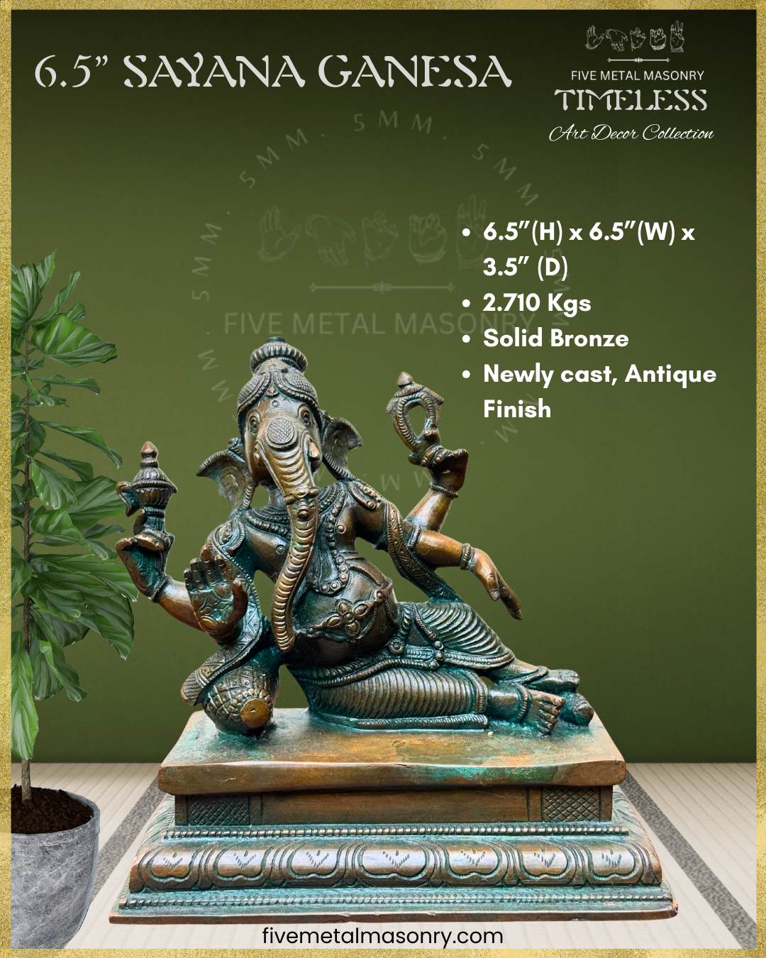 Ganesha reclining Panchaloha Bronze statue – Timeless Collection - Iconography per Shilpa Sastra, Handcrafted lost wax casting – Dimensions