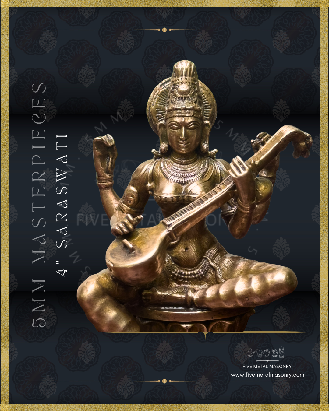 Close-up view of panchaloha bronze seated Saraswati icon from the Masterpieces collection, four armed and holding the veena across the torso in the lower hands, featuring jata makuta, siraschakra, layered ornamentation and lotus pedestal in South Indian iconographic style.
