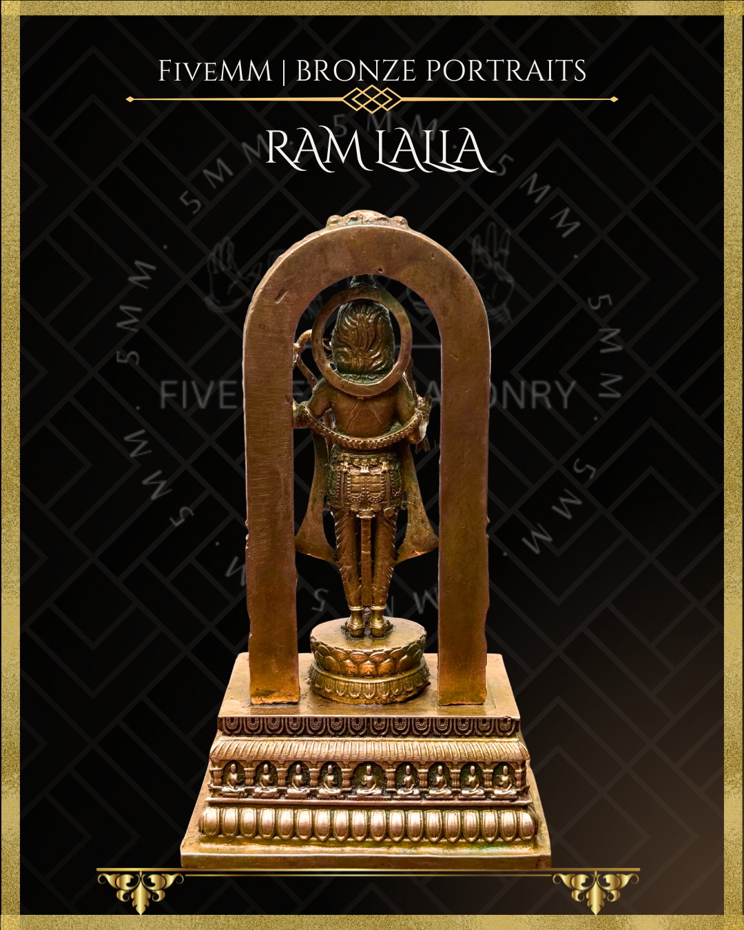 Rear view of  handcrafted Panchaloha bronze icon of Ram lalla of Ayodhya standing beneath an ornate prabhavali showcasing the detailed coiffure, back ornaments, waist belt, pleated garment, lotus pedestal, and richly detailed adhisthana in the classical Indian iconographic style.
