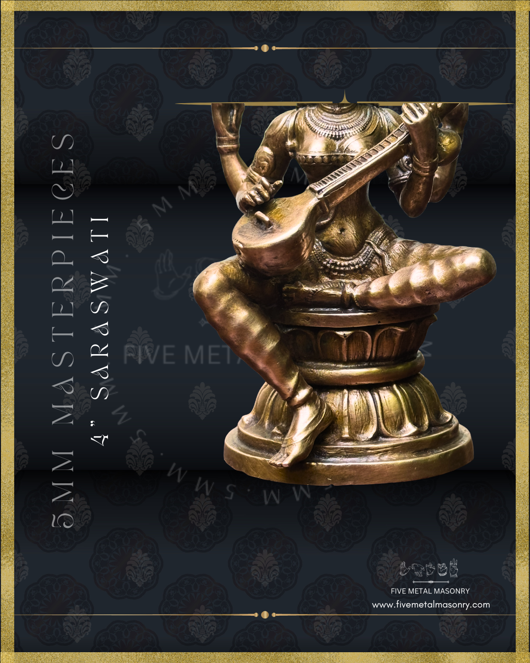 Close-up view of panchaloha bronze seated Saraswati icon from the Masterpieces collection showing the veena across the torso, lower body structure, layered ornamentation and lotus pedestal in South Indian iconographic style.