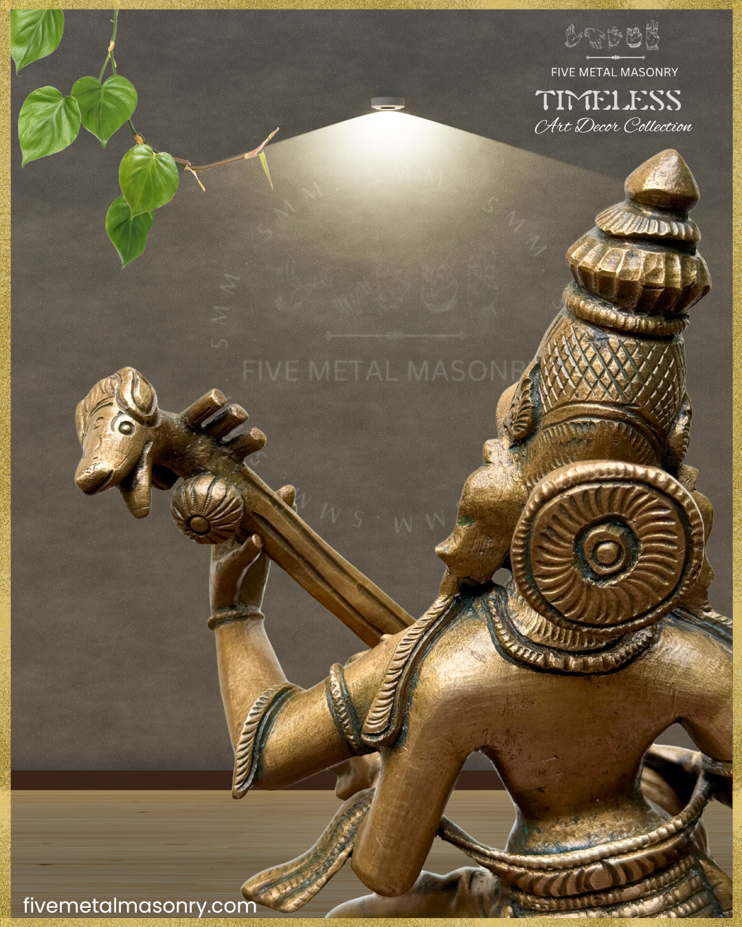 Nartana Saraswati Bronze Panchaloha statue - Timeless Collection – Shilpa Sastra iconography, handcrafted lost wax casting – Head rear closeup view