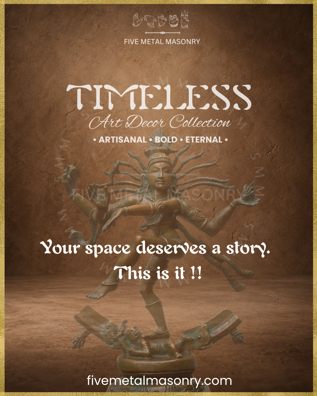 Promotional image for the Timeless Art Decor Collection featuring a Thiruvalangadu style Nataraja Panchaloha bronze in ananda-tandava, presented as a statement piece for home decor.