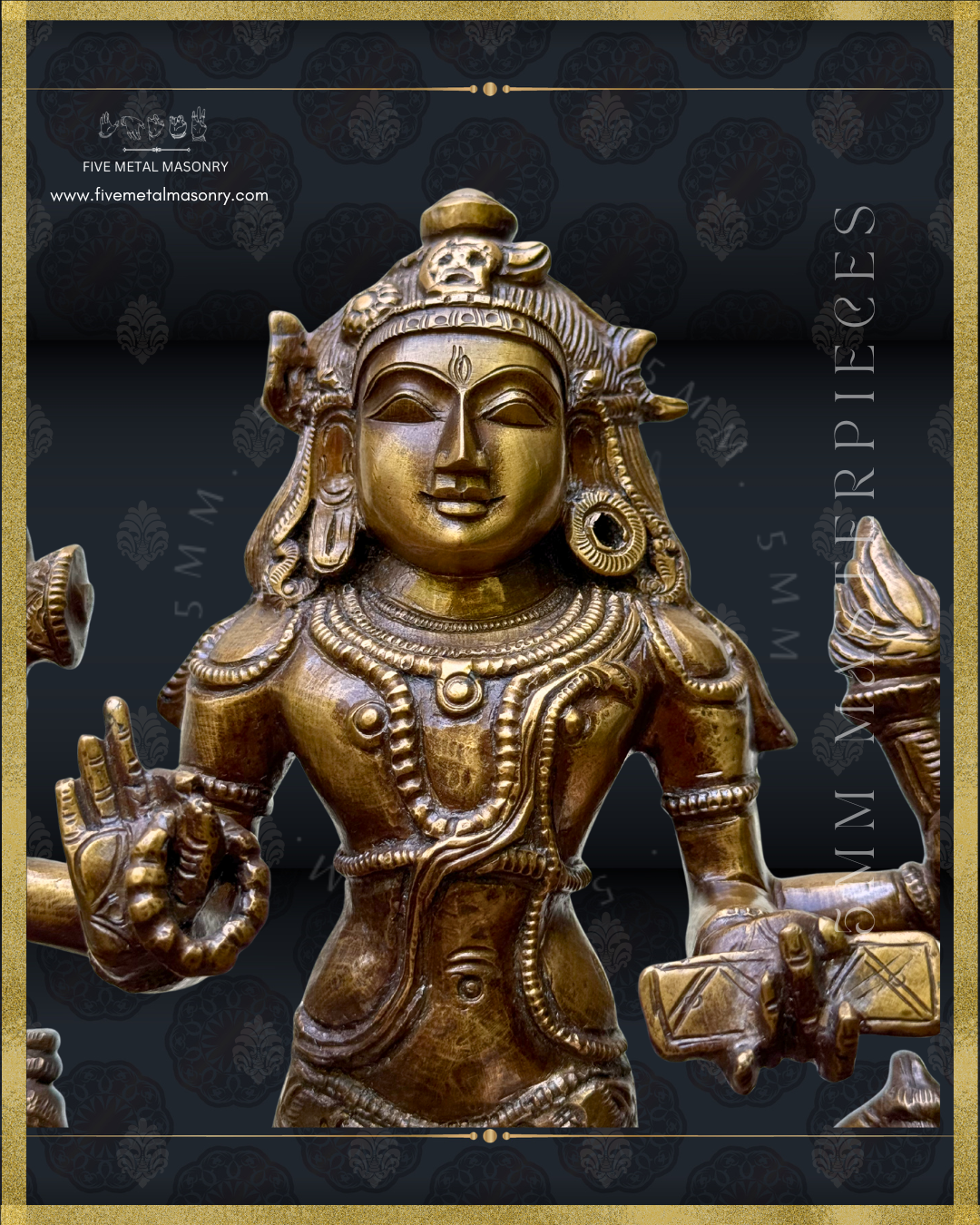 Closeup of Handcrafted Panchaloha bronze Dakshinamurti statue, crafted according to Shilpasastra principles, highlighting the refined iconography of Shiva with a serene countenance, elaborate jata-bhara, traditional ornaments, akshamala and pustaka.