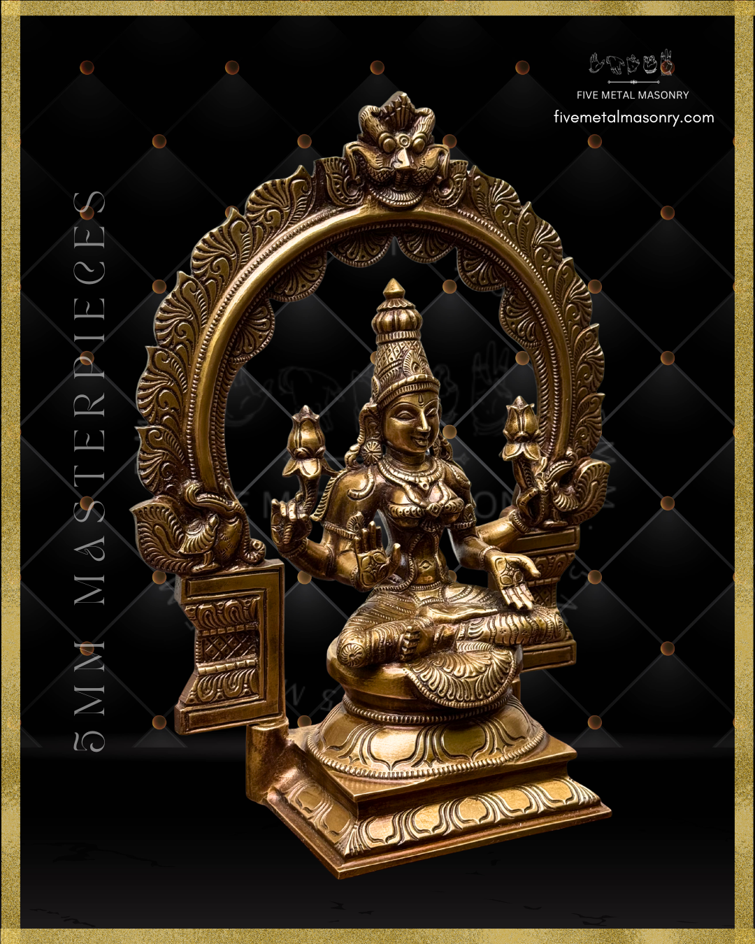 Lakshmi panchaloha bronze statue with intricate detailing and exquisite workmanship on a black background with Five Metal Masonry branding