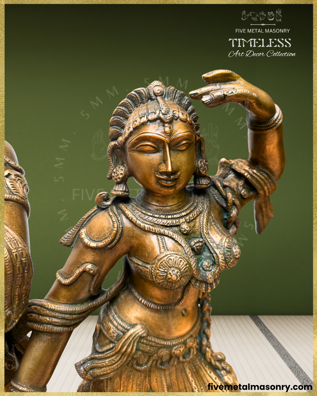Close-up view of Radha in the handcrafted Panchaloha bronze Radha Krishna sculpture from the Timeless Collection, highlighting her facial features, detailed coiffure, kundalas, layered necklaces, chest ornaments, armlets and raised-hand posture.