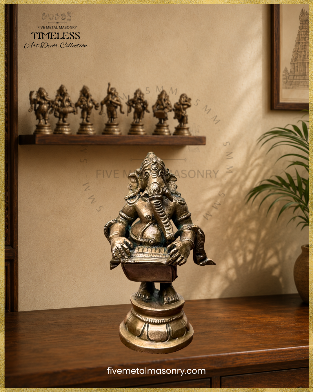 Close-up of a handcrafted panchaloha bronze Ganesha playing the harmonium, part of the Musical Ganesha Set from the Timeless Collection 