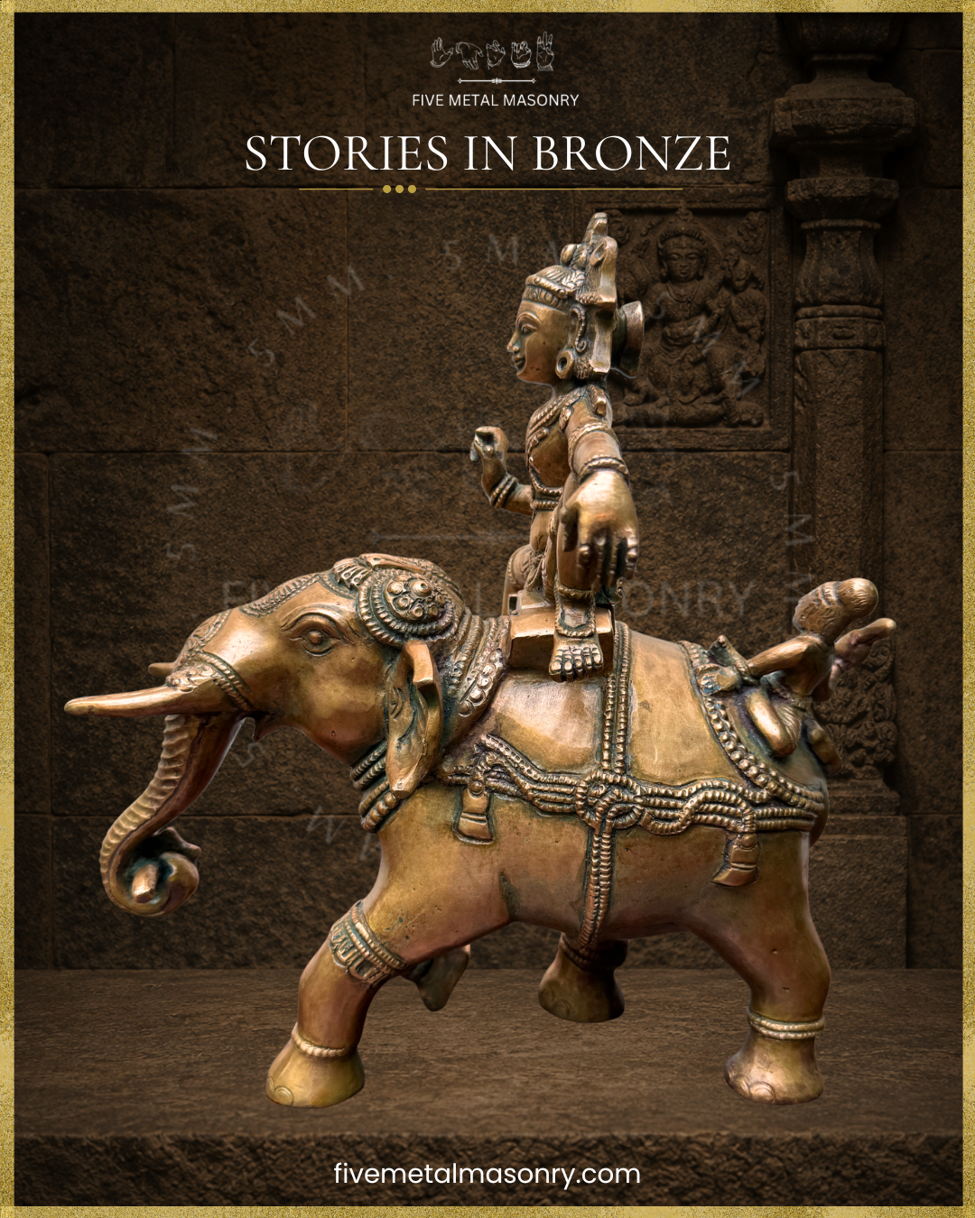Side profile view of handcrafted Panchaloha bronze Ayyanar Ula, showing Ayyanar seated in utkutikasana on an ornamented elephant, with the mahout seated behind and the elephant holding a cluster of bananas in its trunk, from the Stories in Bronze Collection, aligned with silpa-sastra and South Indian iconographic tradition.