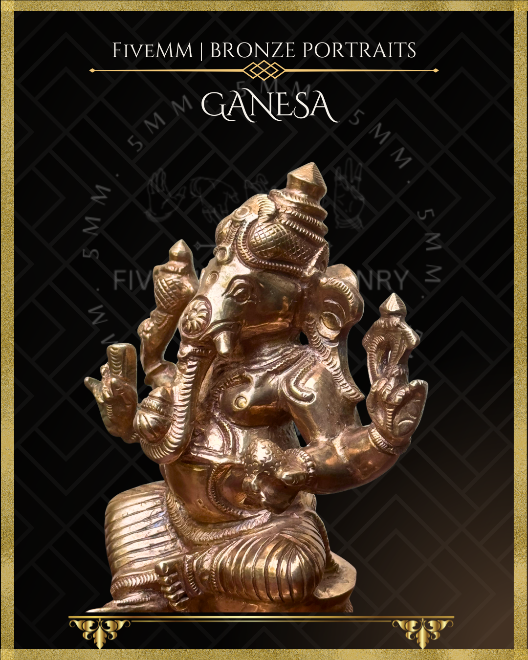 Closeup left side view of handcrafted Panchaloha bronze Ganesha, silpa-sastra aligned and rooted in the South Indian iconographic tradition, four-armed and seated in lalitasana, holding ankusa, pasa, danta and modaka