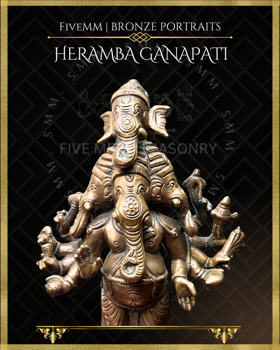 Heramba Ganapati Panchaloha Bronze statue – per Shilpa Sastra iconography, handcrafted by lost wax casting – front closeup view