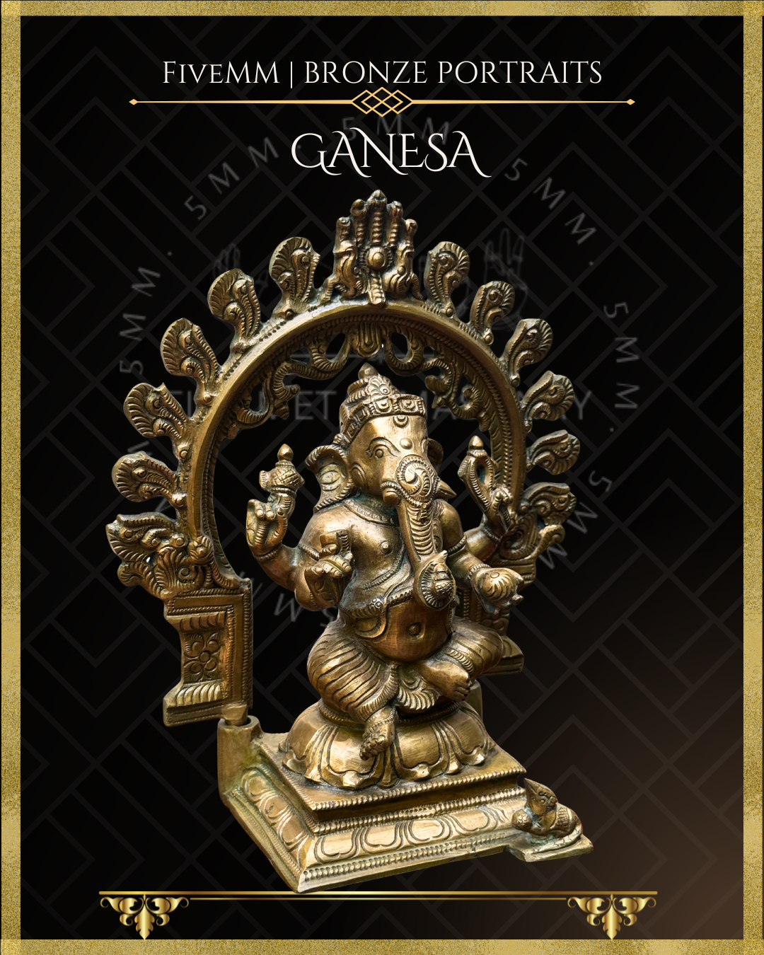 Bronze statue of Ganesha with decorative arch on a black background, featuring 'Fivemm' branding.