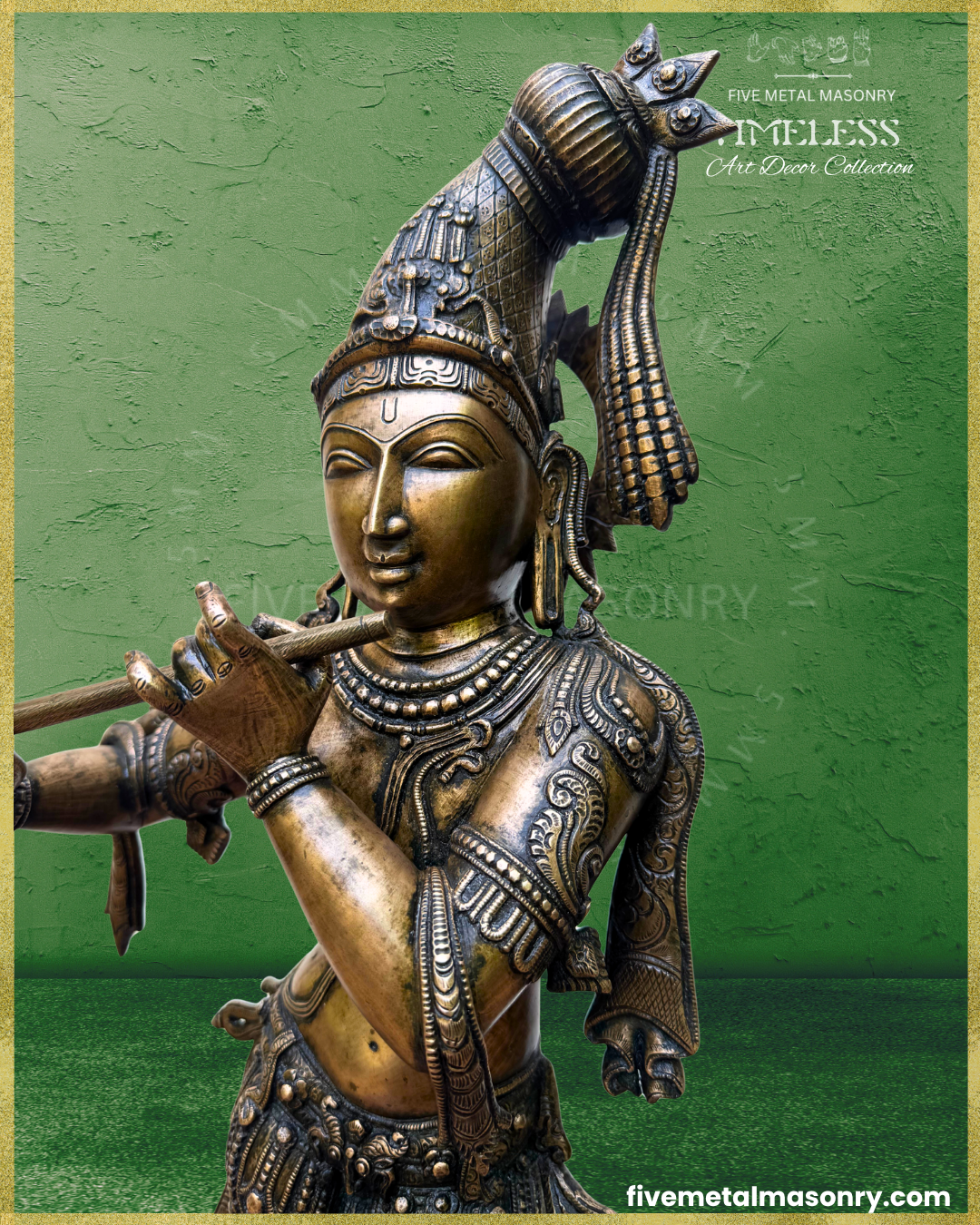 Close-up side view of handcrafted Panchaloha bronze Venugopala Krishna from Five Metal Masonry’s Timeless Collection, highlighting the flute-playing gesture, elongated kesa-bandha with floral motifs, peacock feathers and tassel, siras-chakra, Vaishnava tilaka, kundalas, layered necklaces, armlets and intricately detailed drapery, with Silpasastra-inspired iconography.