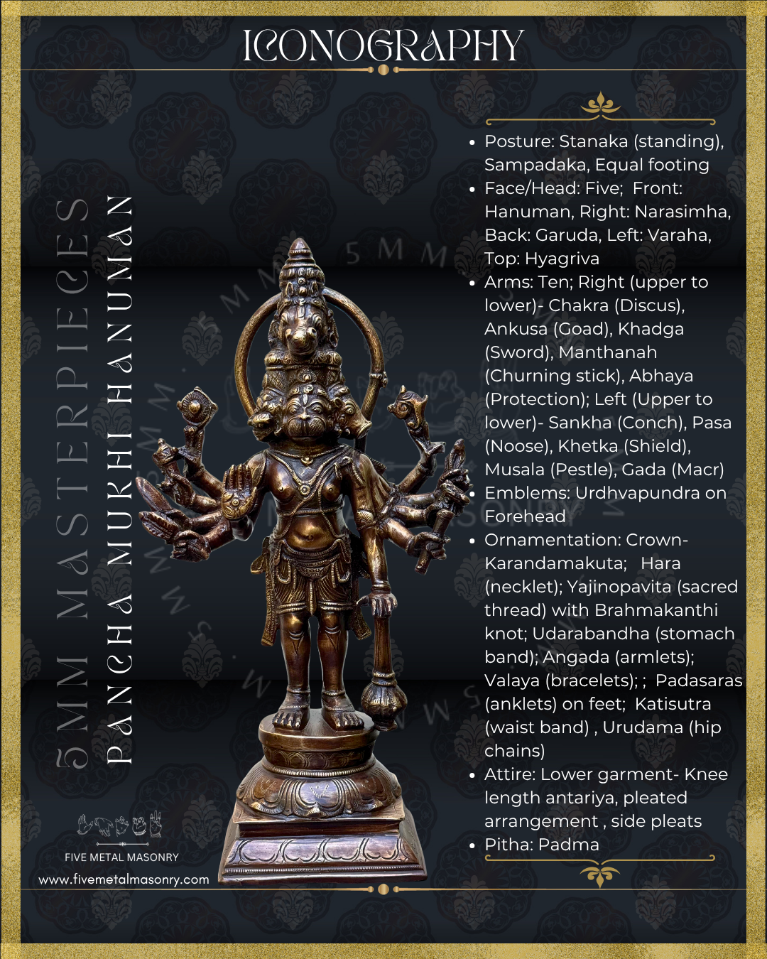 Panch Mukhi Hanuman Panchaloha Bronze statue -  Masterpieces Collection - Iconography per Shilpa Sastra, handcrafted lost wax casting – Iconographic Description