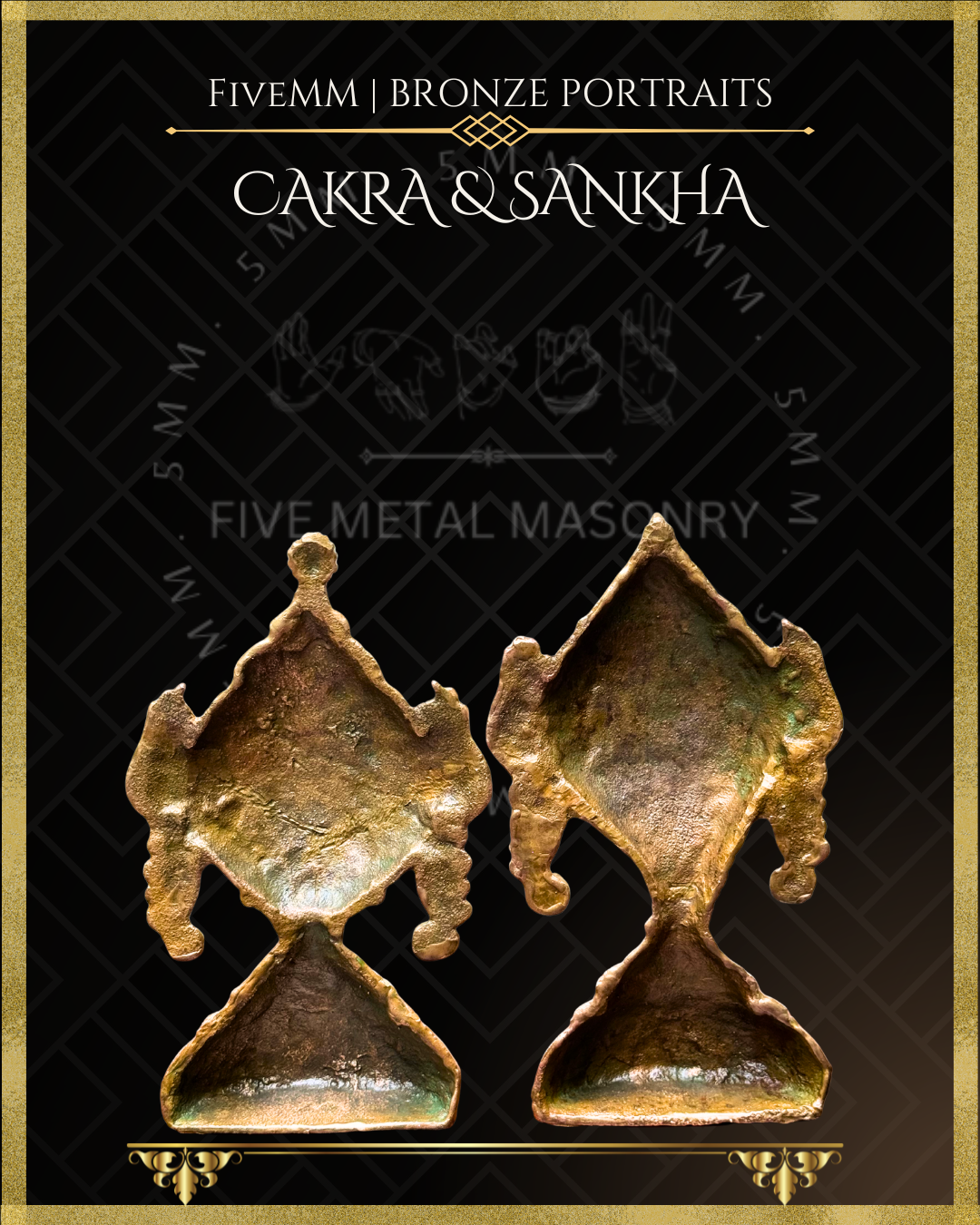 Bronze portraits labeled 'Cakra & Sankha' with decorative text on a black background.