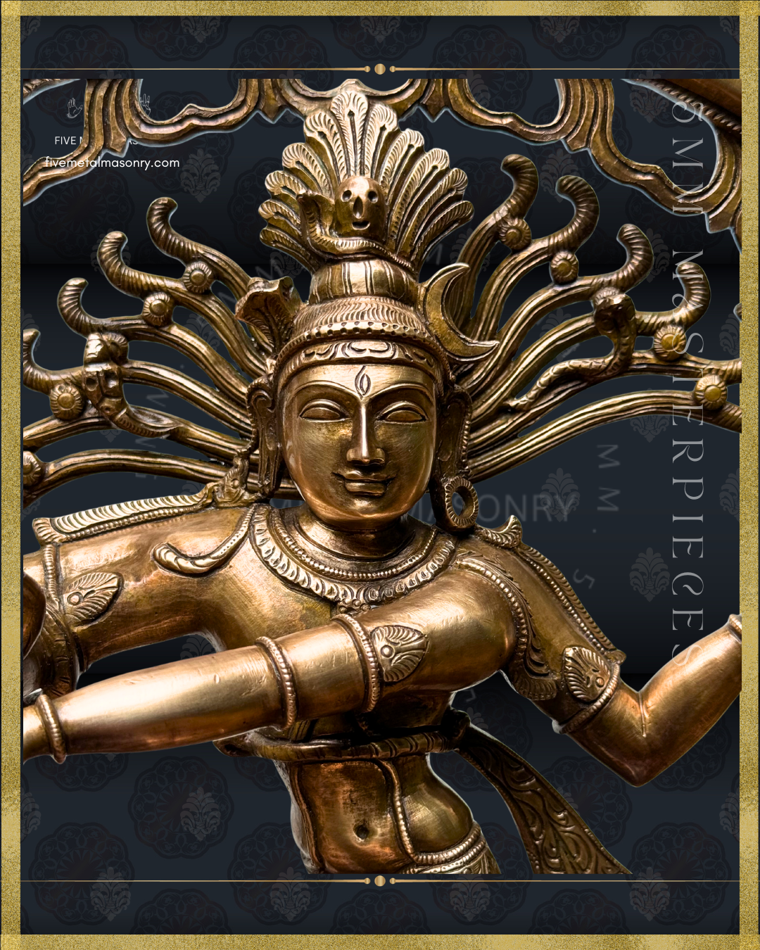 Close-up of a Panchaloha bronze Nataraja icon from the 5MM Masterpieces collection, featuring serene facial expression, flowing jata, skull motif, patra and makara kundalas, and detailed ornamentation in the South Indian iconographic tradition.