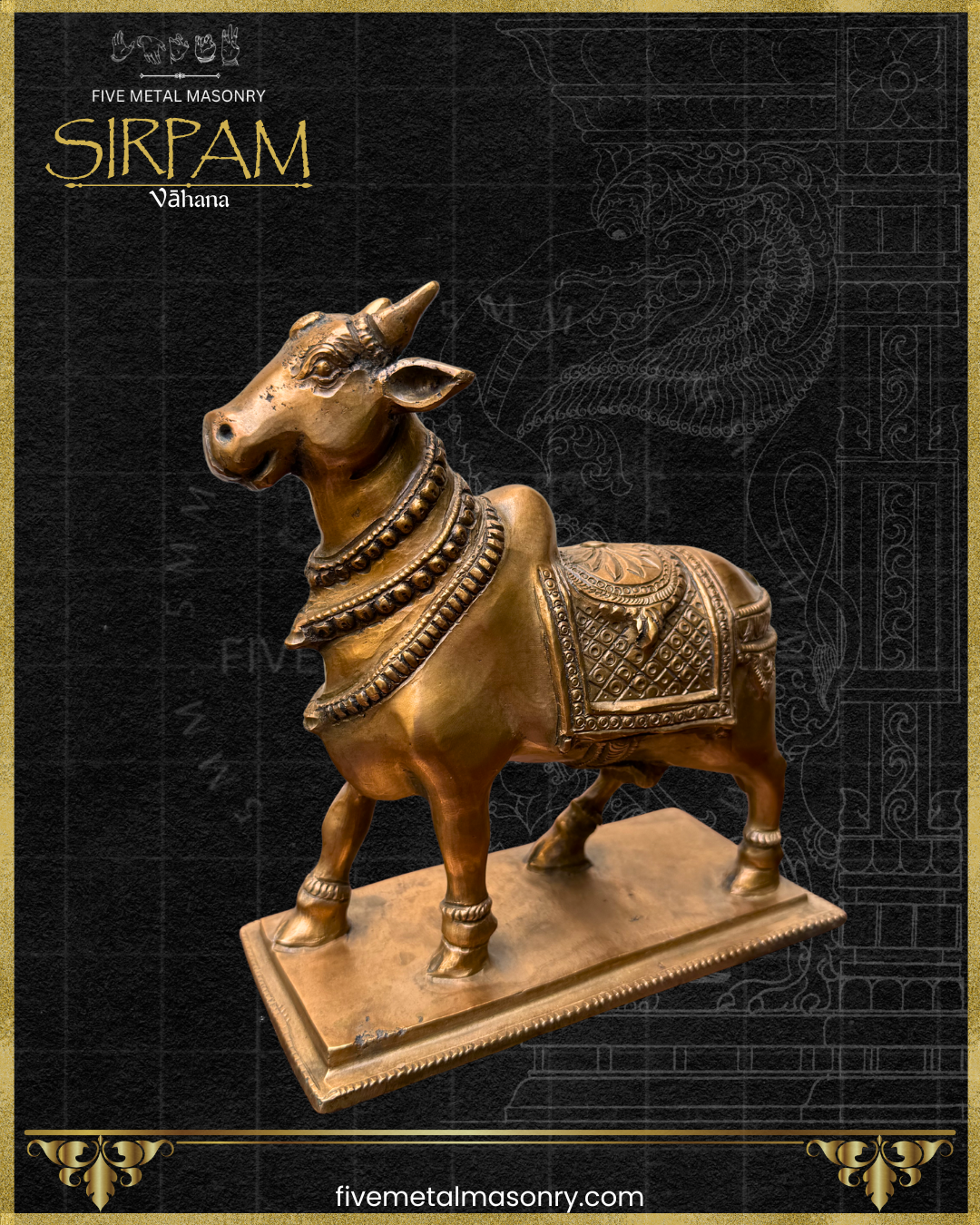Side view of handcrafted panchaloha bronze Vrsabha (Nandi) statue from the Sirpam Collection, standing on a pedestal with an ornate decorative saddle cloth, layered neck ornaments, and finely modelled features in the South Indian iconographic tradition.
