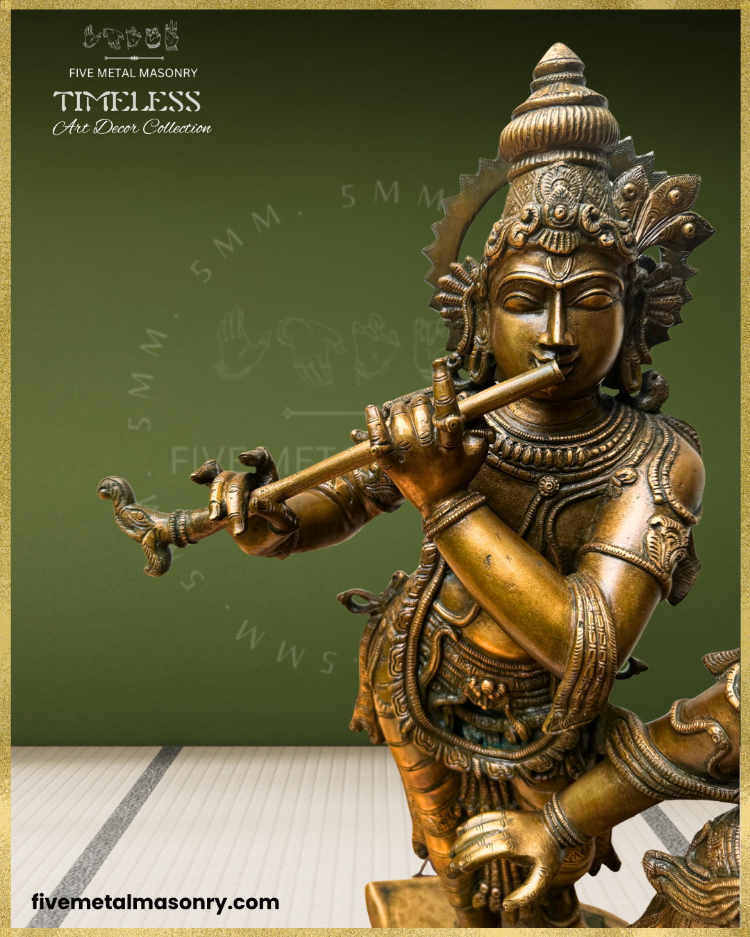 Close-up frontal view of Krishna as Venugopala in the handcrafted Panchaloha bronze Radha Krishna sculpture from the Timeless Collection, highlighting the flute-playing hands, facial features, elaborate headdress with peacock-feather motifs, śiras-cakra, kundalas, layered necklaces and arm ornaments.
