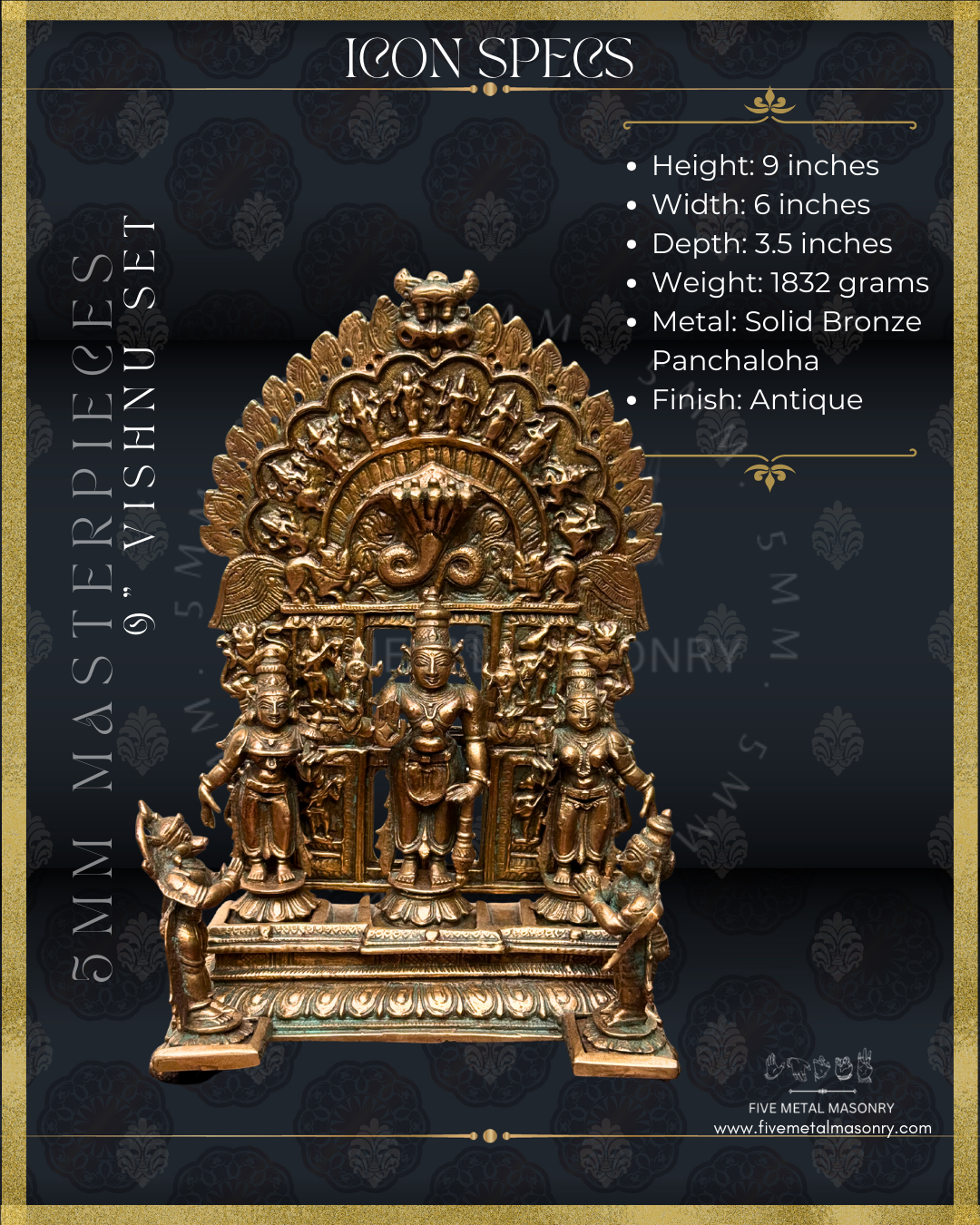 Bronze icon of Vishnu set with product specifications on a dark background
