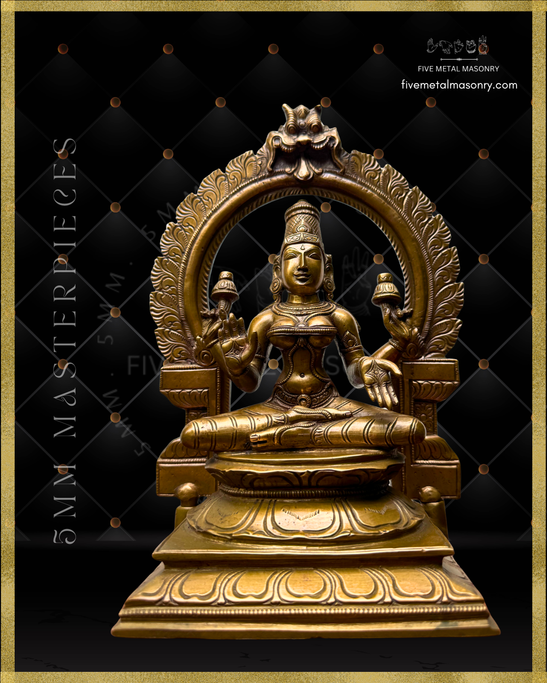 Projected view of handcrafted Panchaloha bronze Lakshmi statue from the Five Metal Masonry Masterpieces collection, crafted according to Shilpasastra principles, featuring traditional South Indian iconography with four arms, lotus attributes, abhaya and varada hastas, and finely detailed ornaments.
