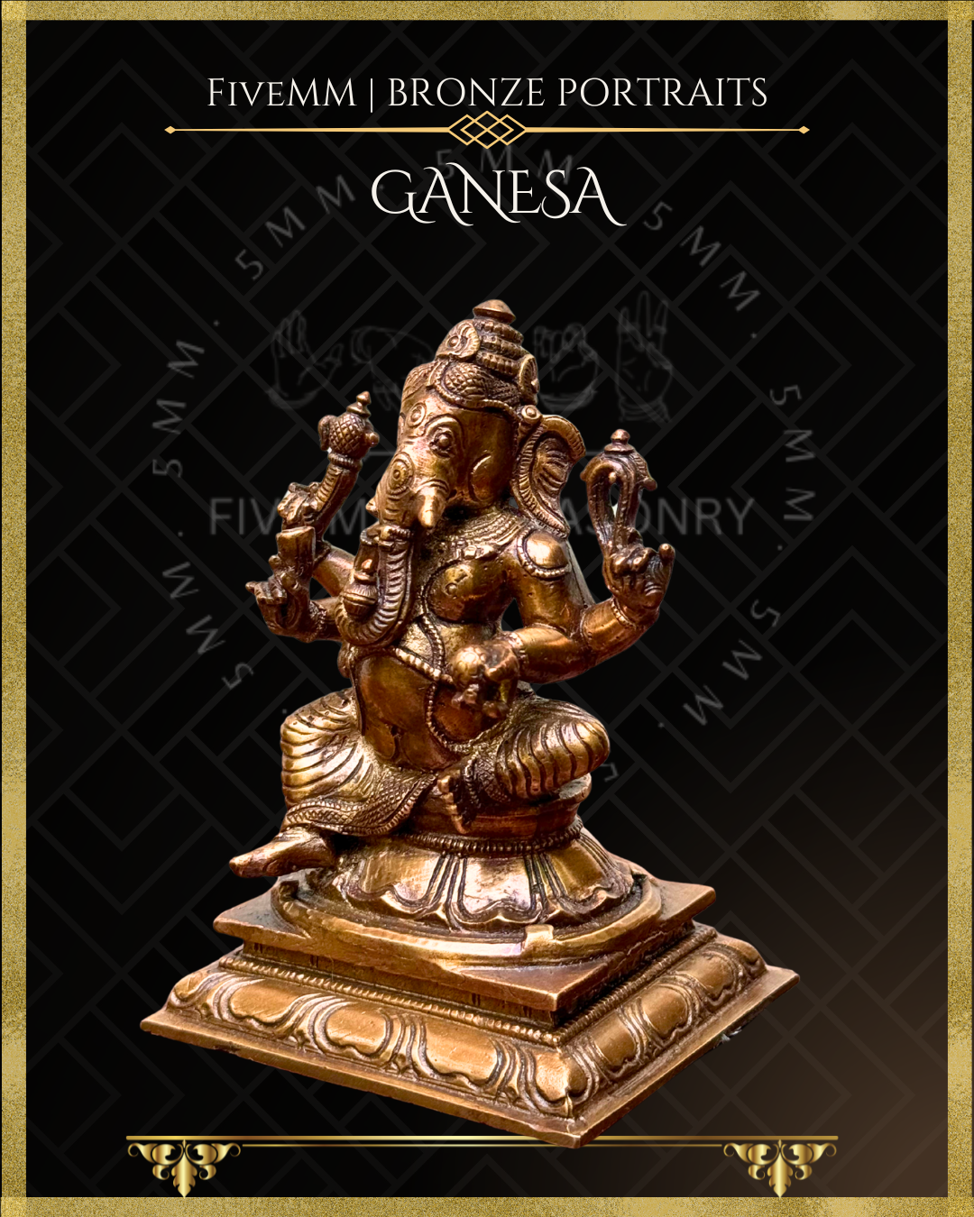 Right profile view of Handcrafted Ganesha in Panchaloha bronze, silpa-sastra aligned and rooted in the South Indian iconographic tradition, four-armed and seated in lalitasana, holding ankusa, pasa, danta and modaka with detailed crown, ornaments and draped lower garment.