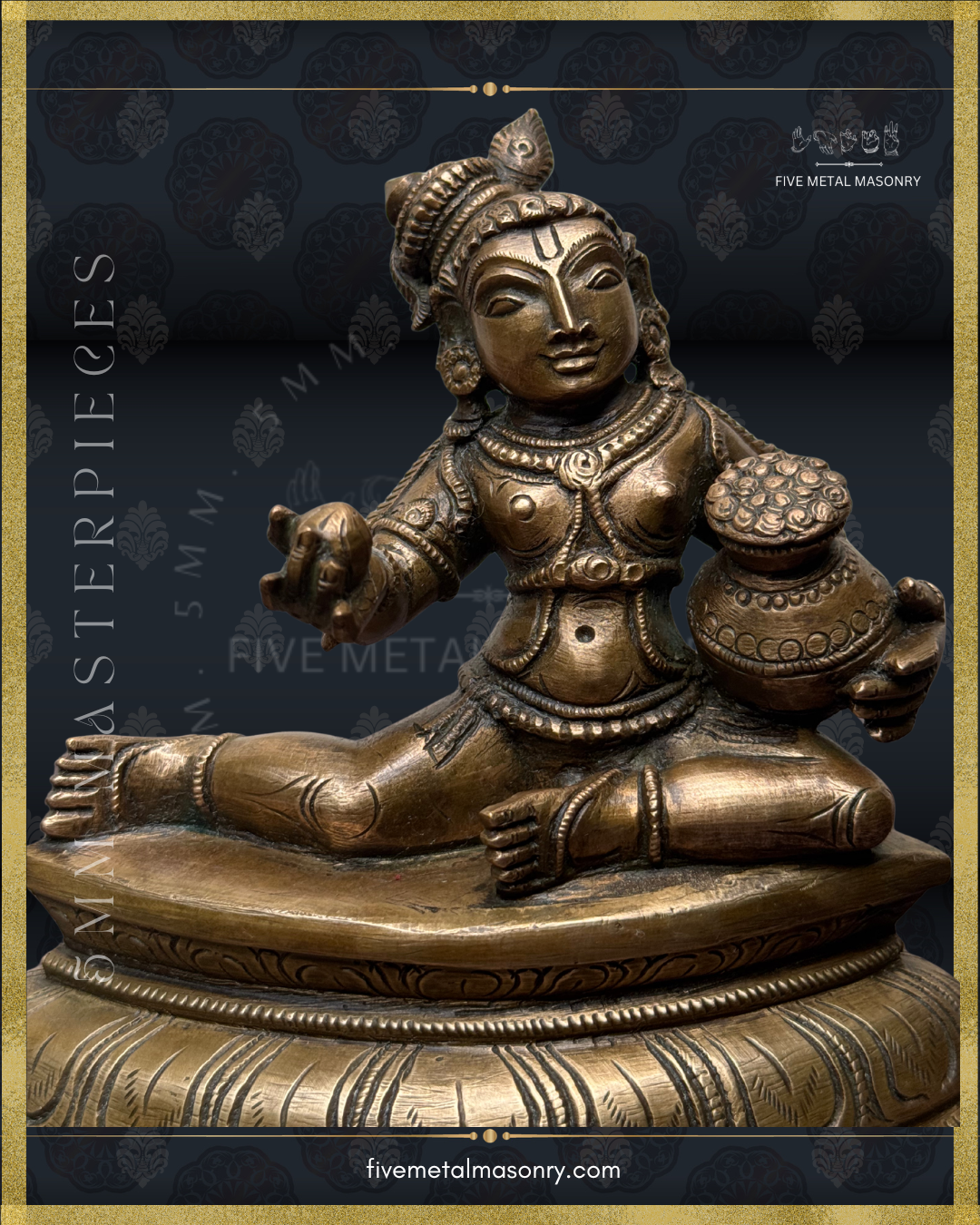Close-up of handcrafted Panchaloha Bala Krishna bronze from the 5MM Masterpieces Collection, showing Krishna holding navanita butter beside an ornate butter pot, with urdhvapundra, peacock-feathered top knot, kundalas, hara and traditional ornaments, crafted according to Silpasastra iconography.