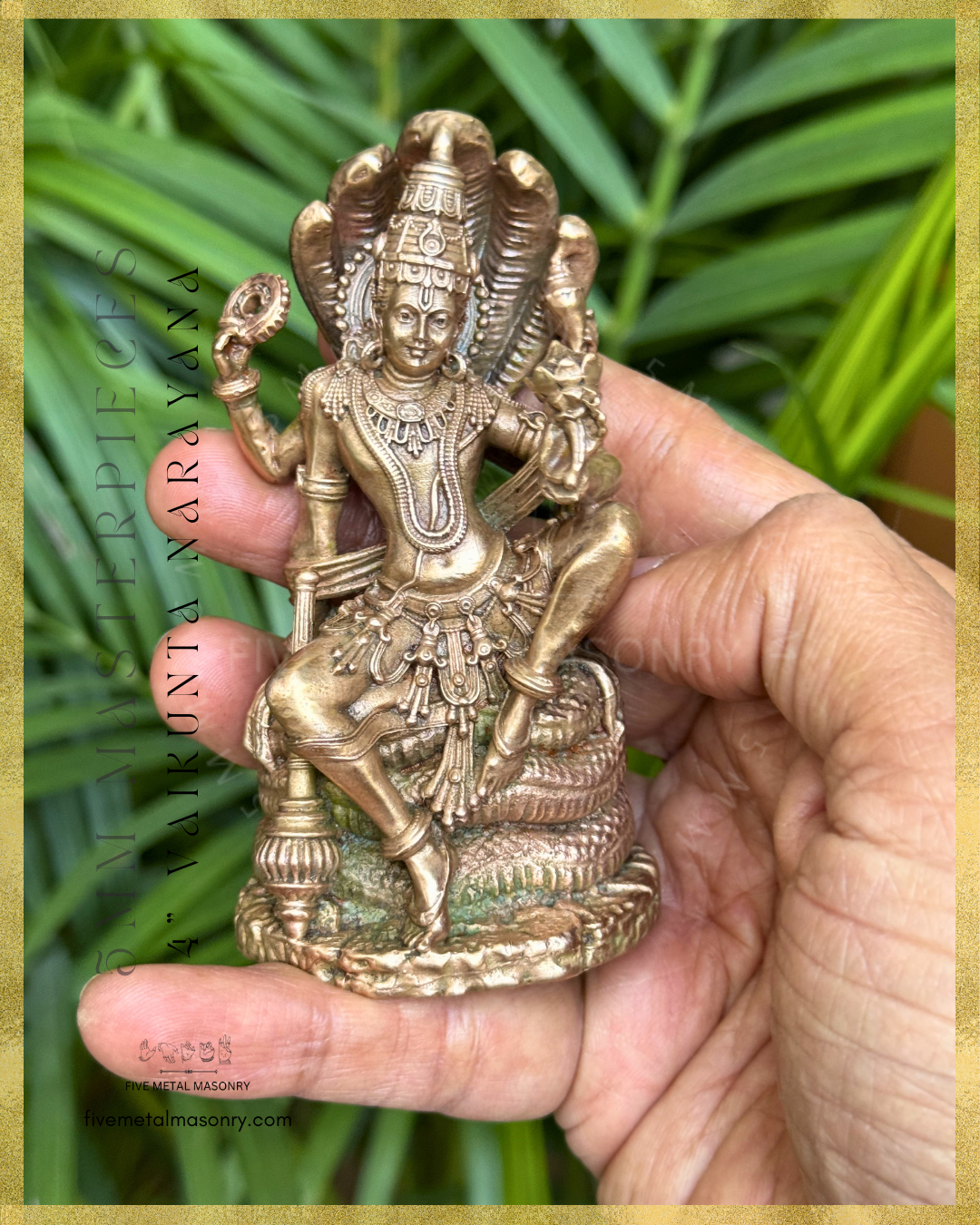 Vaikunta Narayana panchaloha bronze icon seated on Adisesha with multi-hooded serpent canopy, four-armed Vishnu, handheld sculpture