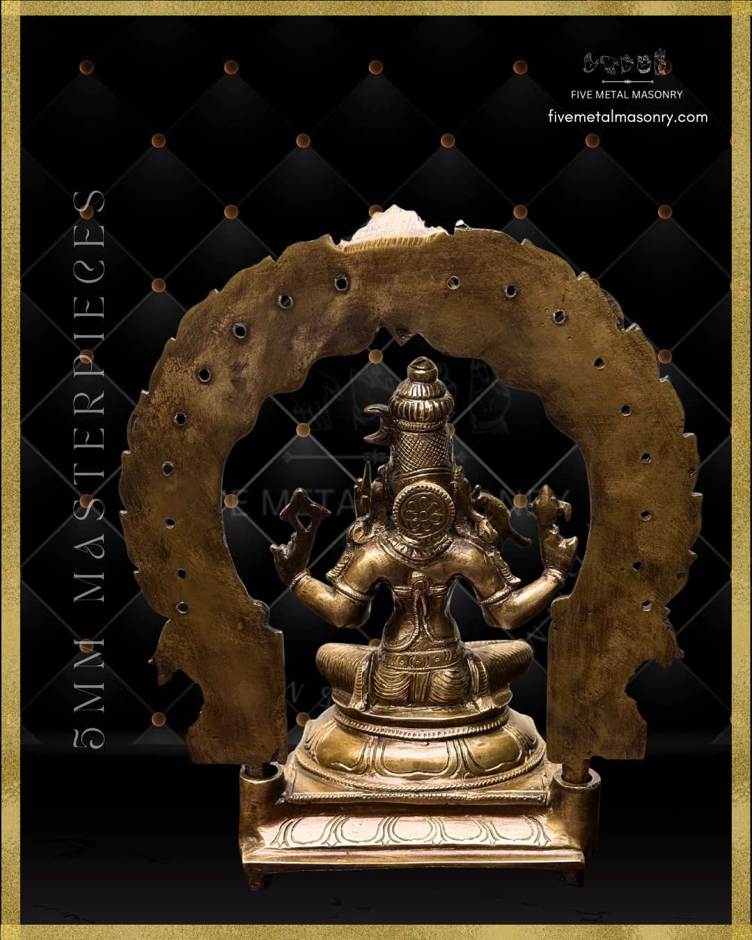 Rear view of Panchaloha bronze Kamakshi statue seated beneath ornate prabhavali arch, showing four-armed South Indian iconographic form with detailed ornaments and karanda makuta from the Masterpieces collection by Five Metal Masonry.