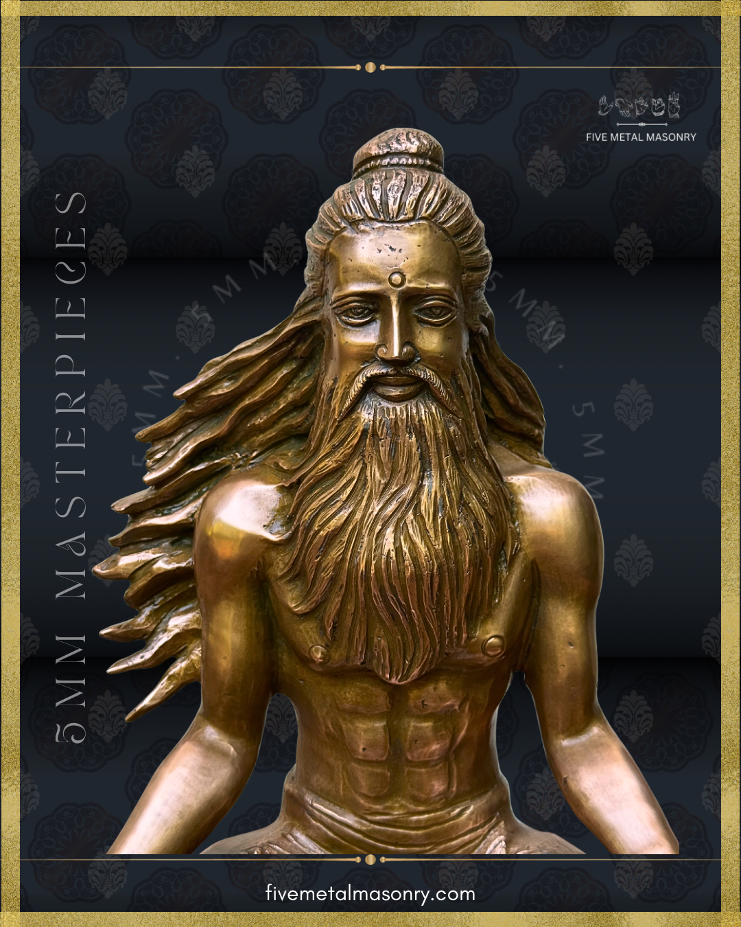 Close-up of handcrafted Thirumoolar Saiva saint in Panchaloha bronze, with flowing jata, long beard and ascetic features, from the Masterpieces collection.