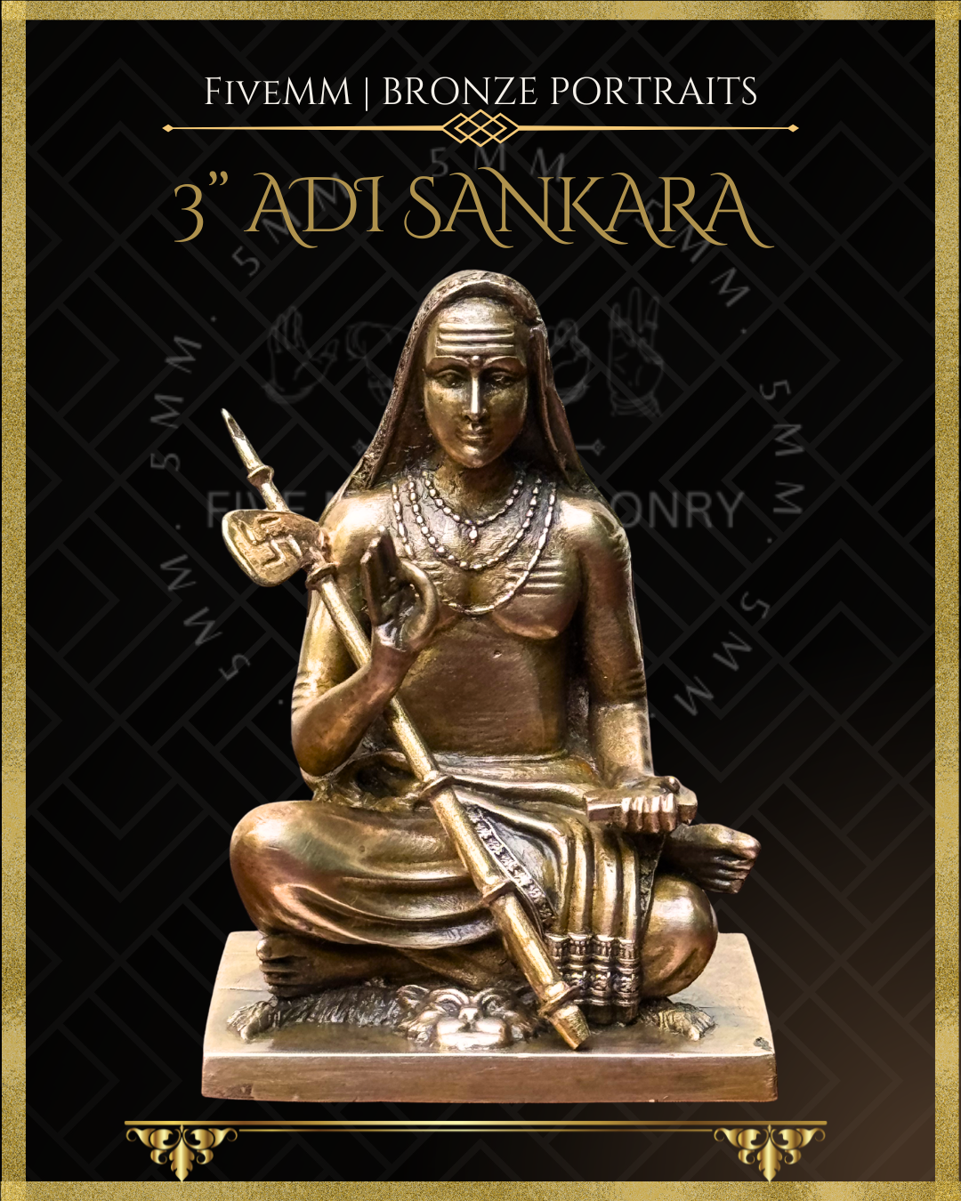 Handcrafted Panchaloha bronze icon of Adi Shankara seated on a tiger skin, holding a Danda and palm leaf manuscript, with Jnana Mudra . 