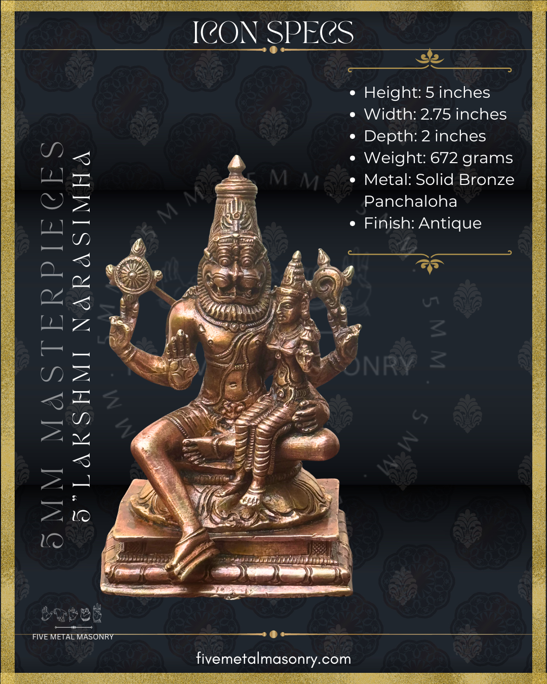 Dimensions of Handcrafted Lakshmi Narasimha Panchaloha bronze from the Masterpieces Collection, crafted in the silpa-sastra and South Indian iconographic tradition