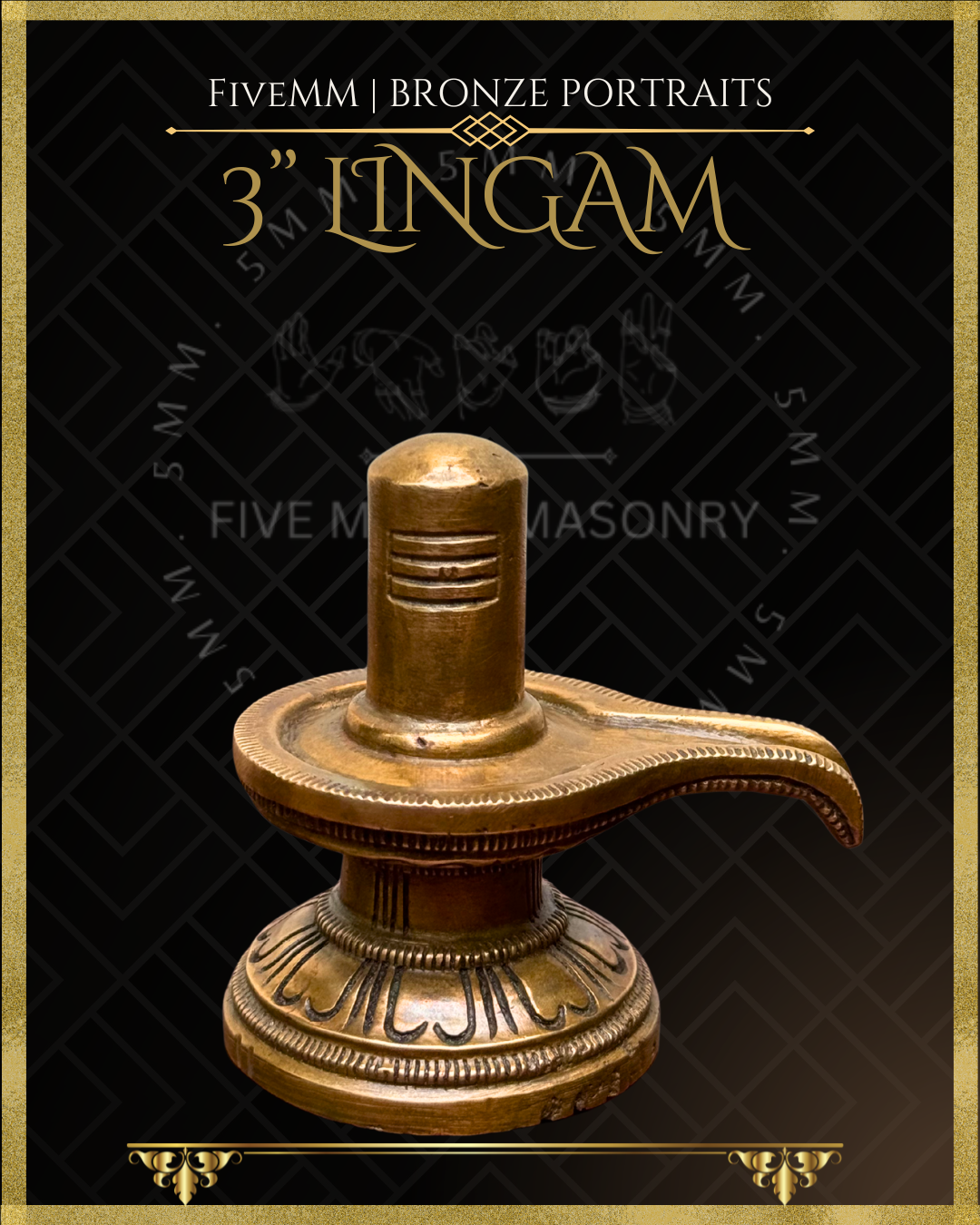 Bronze Lingam sculpture with 'Fivemm' branding on a black background