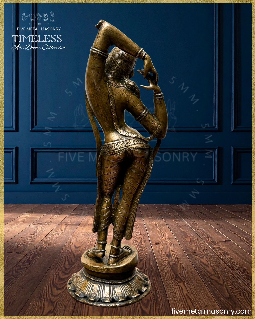 Rear view of panchaloha bronze Apsara icon from the Timeless collection in a graceful tribhanga stance, with raised arms, detailed jewellery, patterned drapery, lotus pedestal and refined sculptural detailing rooted in South Indian iconographic tradition.