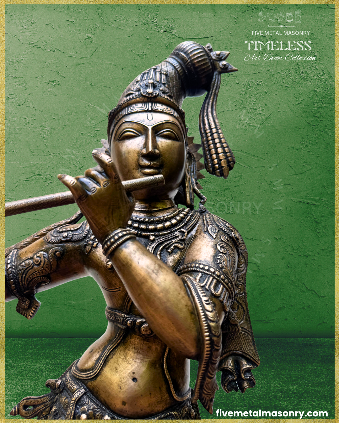 Close-up of handcrafted Panchaloha bronze Venugopala Krishna from Five Metal Masonry’s Timeless Collection, highlighting the serene facial features, venu held at the lips, Vaishnava tilaka, elongated kesa-bandha with peacock feathers and tassels, siras-chakra, kundalas, layered necklaces and detailed arm ornaments, with Silpasastra-inspired iconography.
